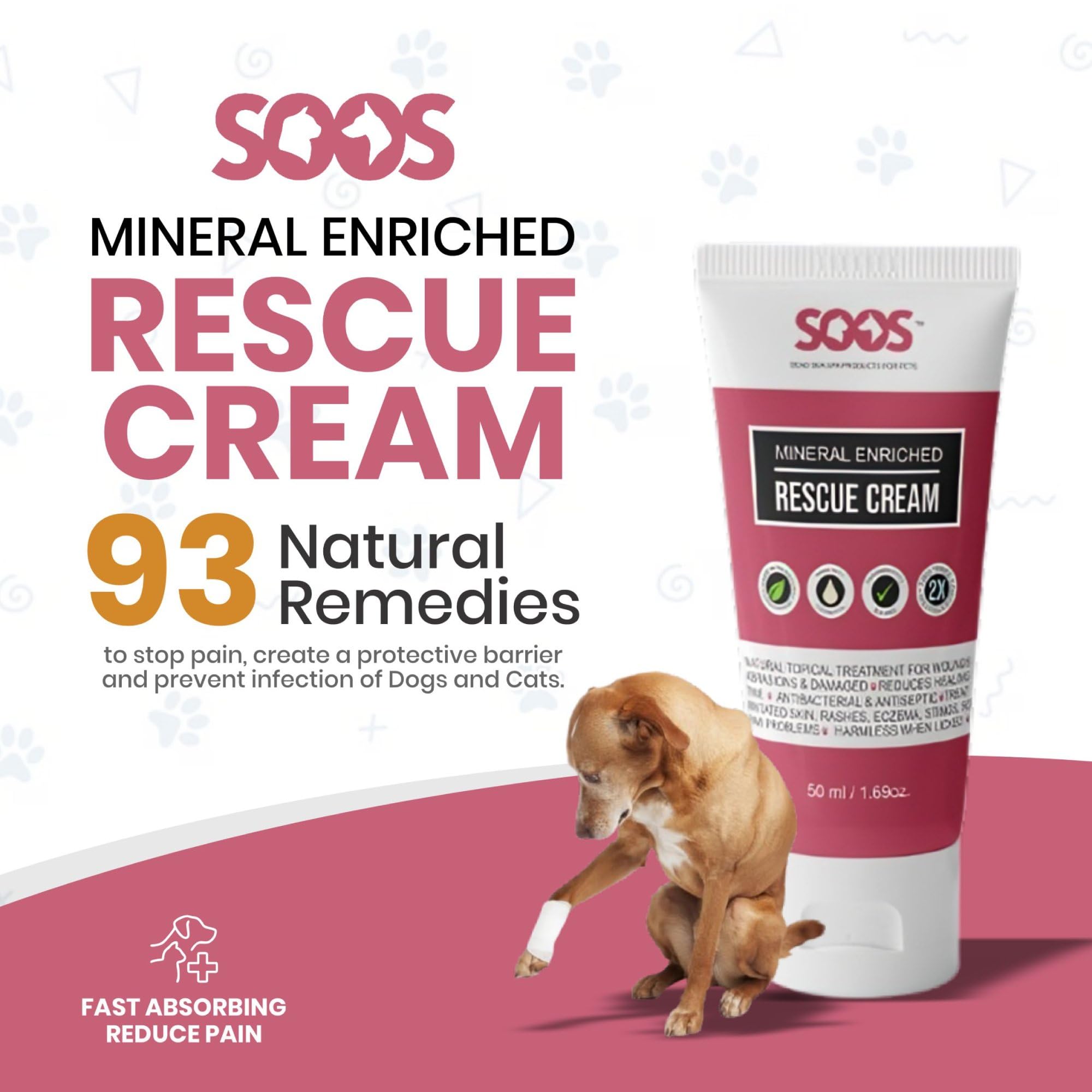 SOOS Rescue Cream on a dog's paw showing soothing protection during healing.