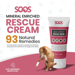 SOOS Rescue Cream on a dog's paw showing soothing protection during healing.