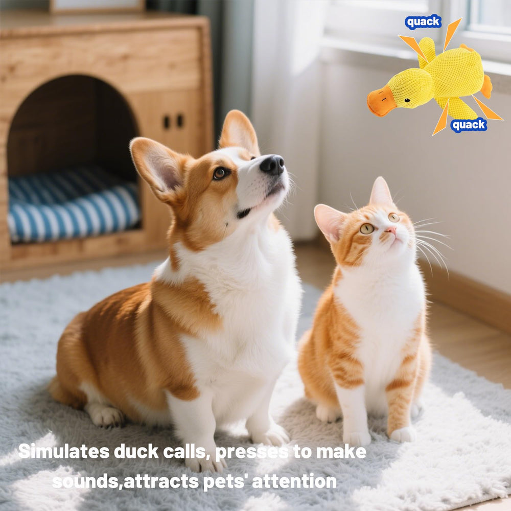 Soothing Quack Duck Toy play action caught during tug, reinforcing interactive fetch.