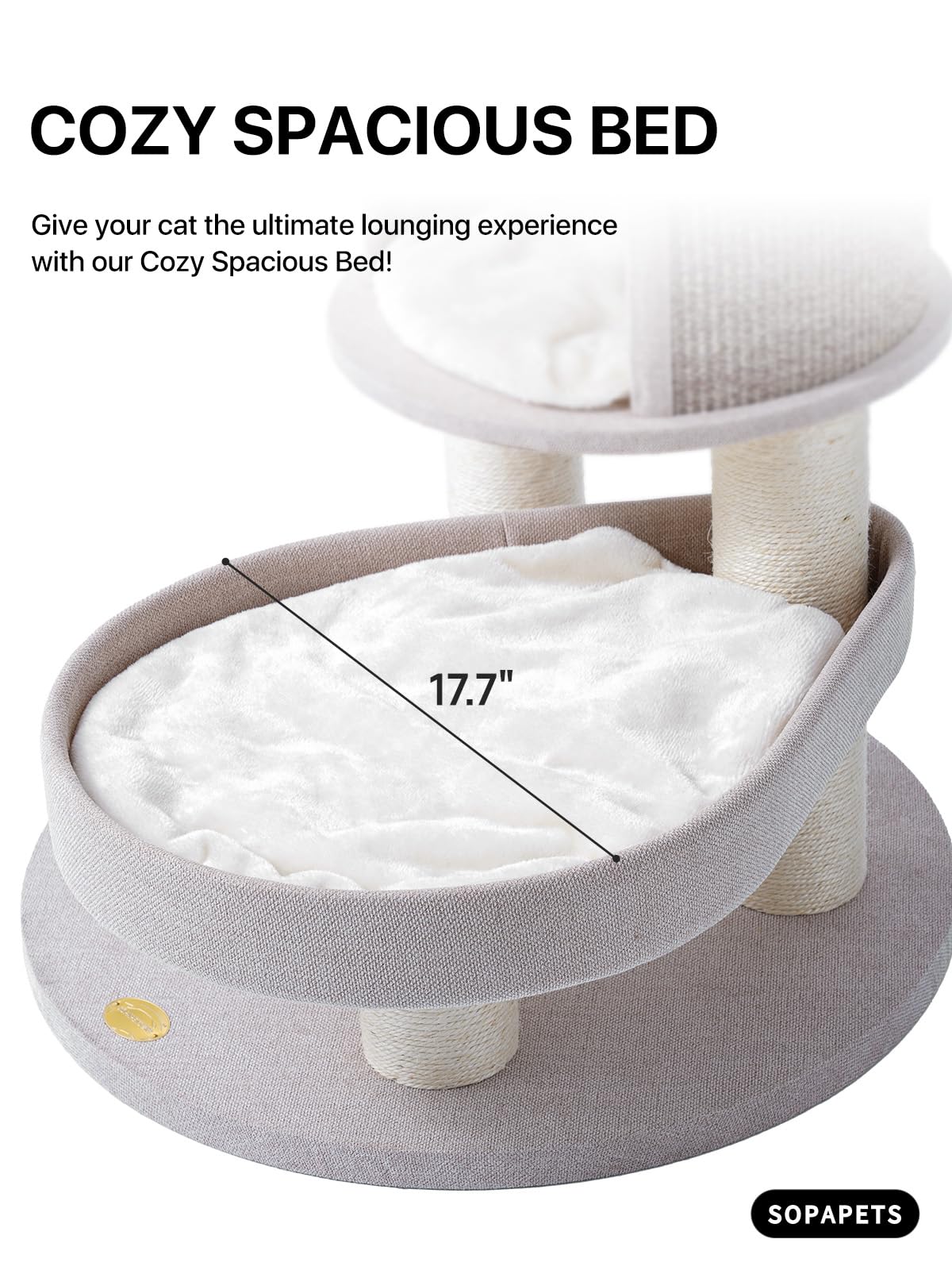 Sopapets plush bed, basket, and scratcher offer cozy resting spots.