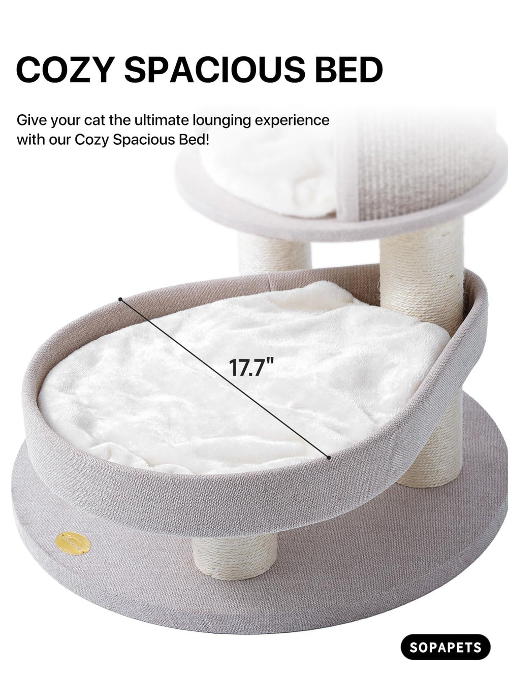 Sopapets plush bed, basket, and scratcher offer cozy resting spots.