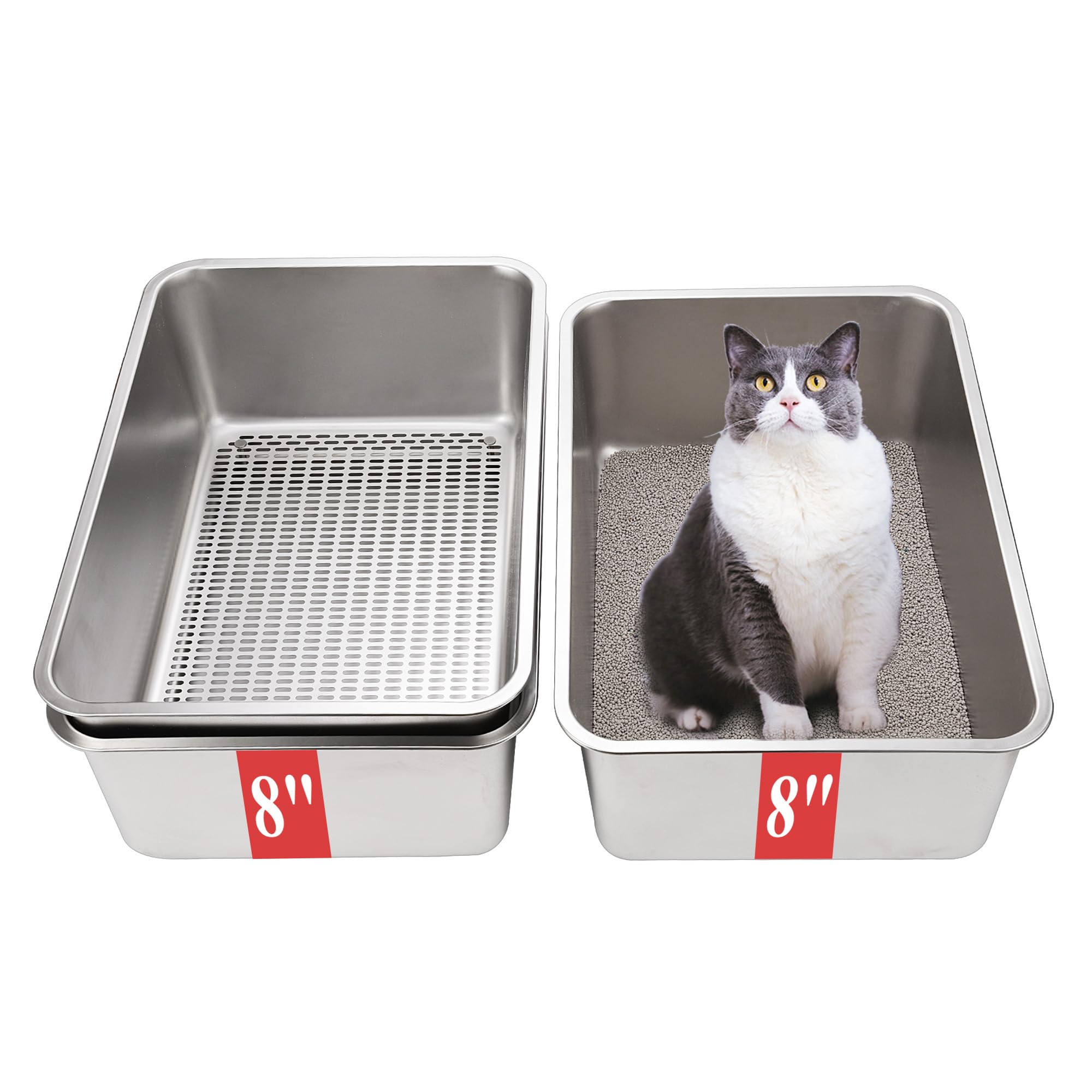 Sorstrem 8-inch sifting cat litter box side view showing durable stainless steel for long-term use