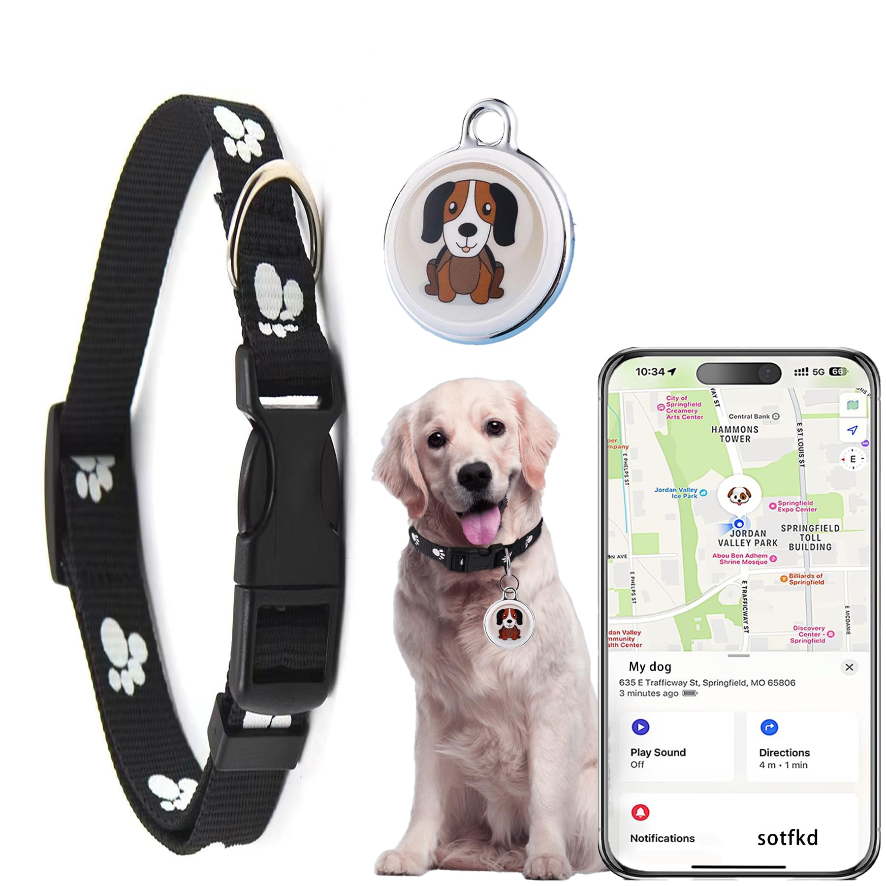 Sotfkd dog tracker on collar for quick, confident location checks.