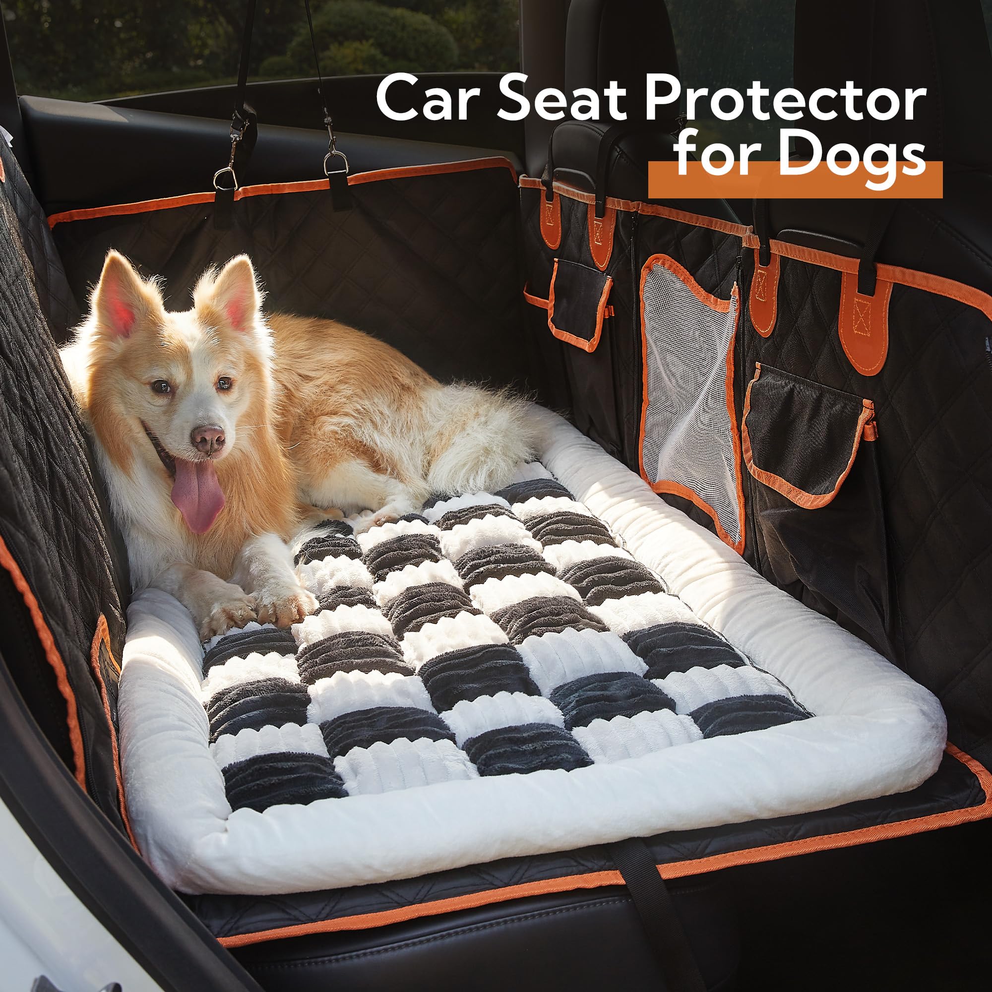 Soulbond Backseat Pet Bed Mat in white and black fits most cars for road trips.