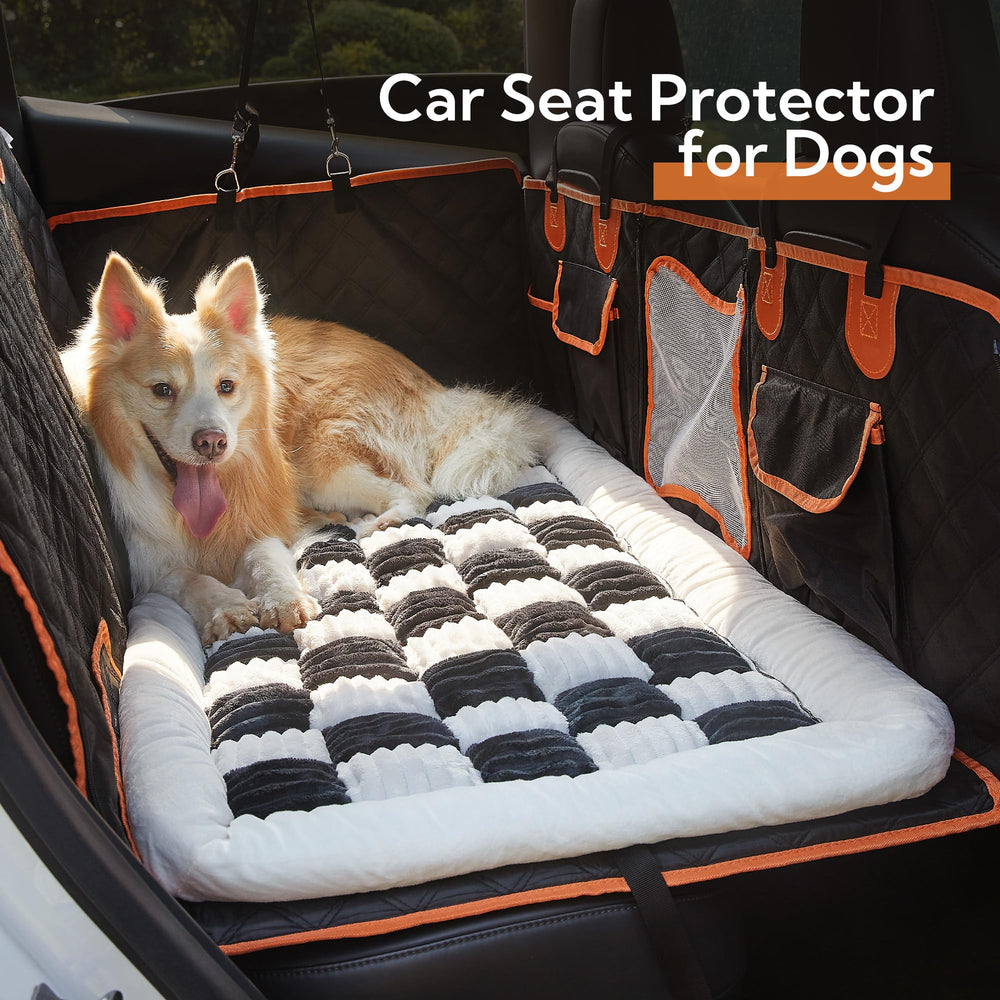Soulbond Backseat Pet Bed Mat in white and black fits most cars for road trips.