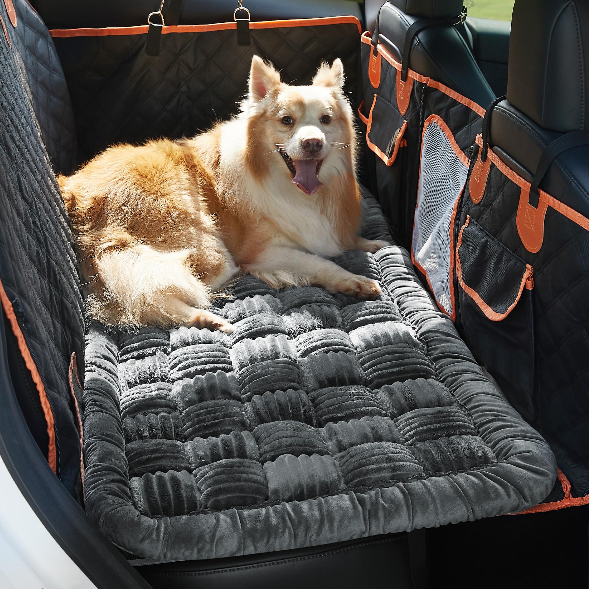 Soulbond backseat pet bed mat quilted square design adds extra comfort on road trips