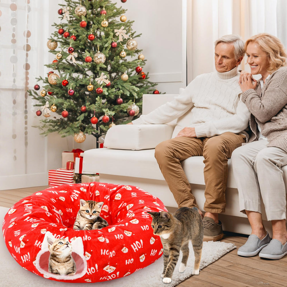 Soulchen Christmas cat tunnel bed detailed-craft highlights festive stitching and pom-pom accents