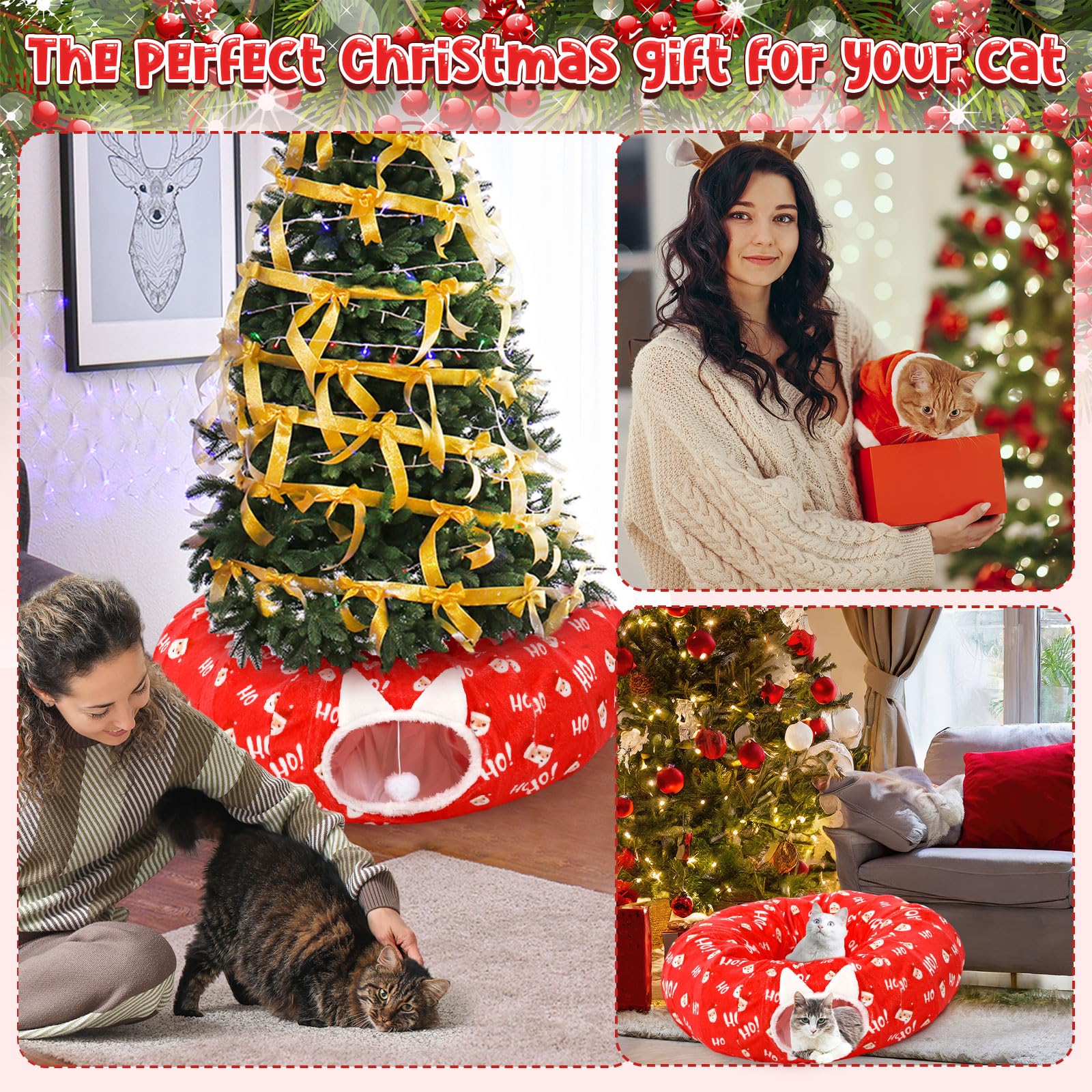 Soulchen Christmas cat tunnel bed washable-cushion offers easy cleaning