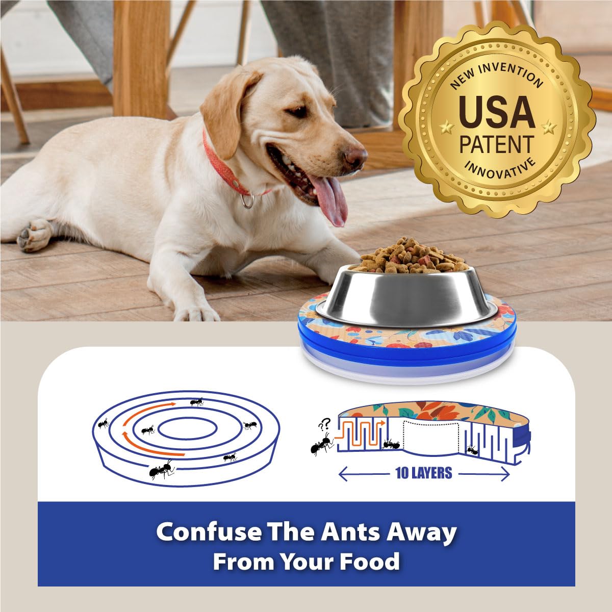SoulThink ant proof bowl tray on floor reduces countertop mess during feeding.