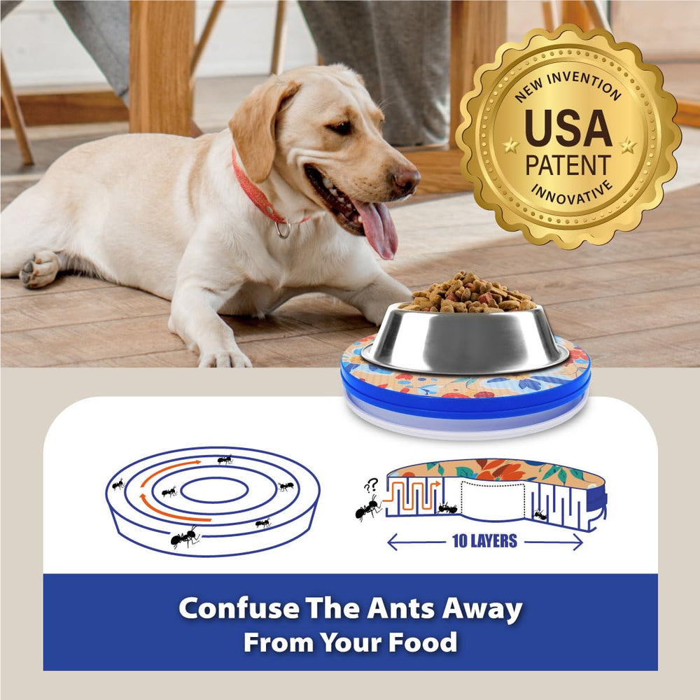 SoulThink ant proof bowl tray on floor reduces countertop mess during feeding.