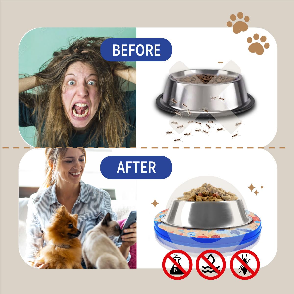 SoulThink ant proof bowl tray patent badge signals a protective mechanism for pet meals.