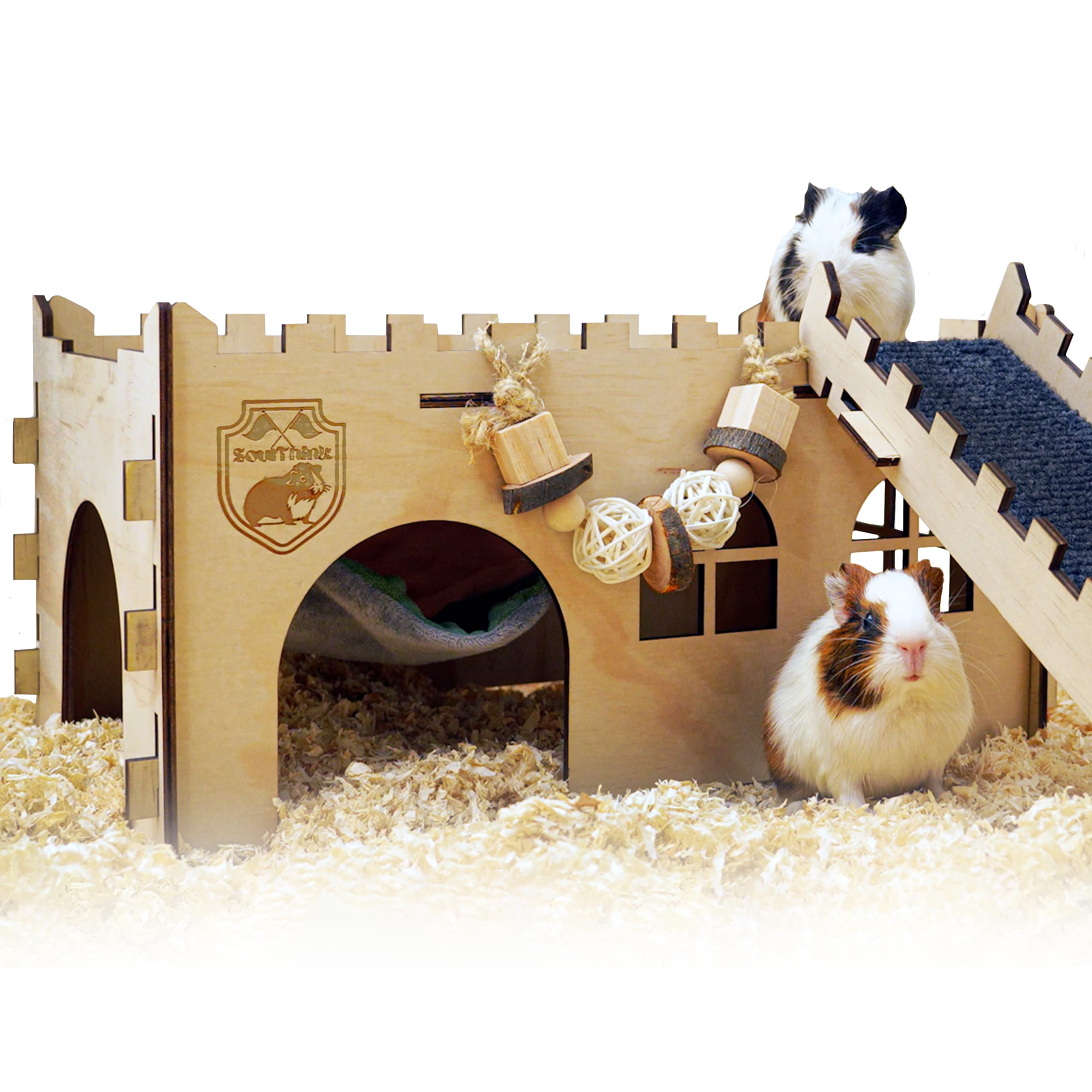 SoulThink large guinea pig hideout castle assembly highlights easy setup and sturdy pinewood construction.