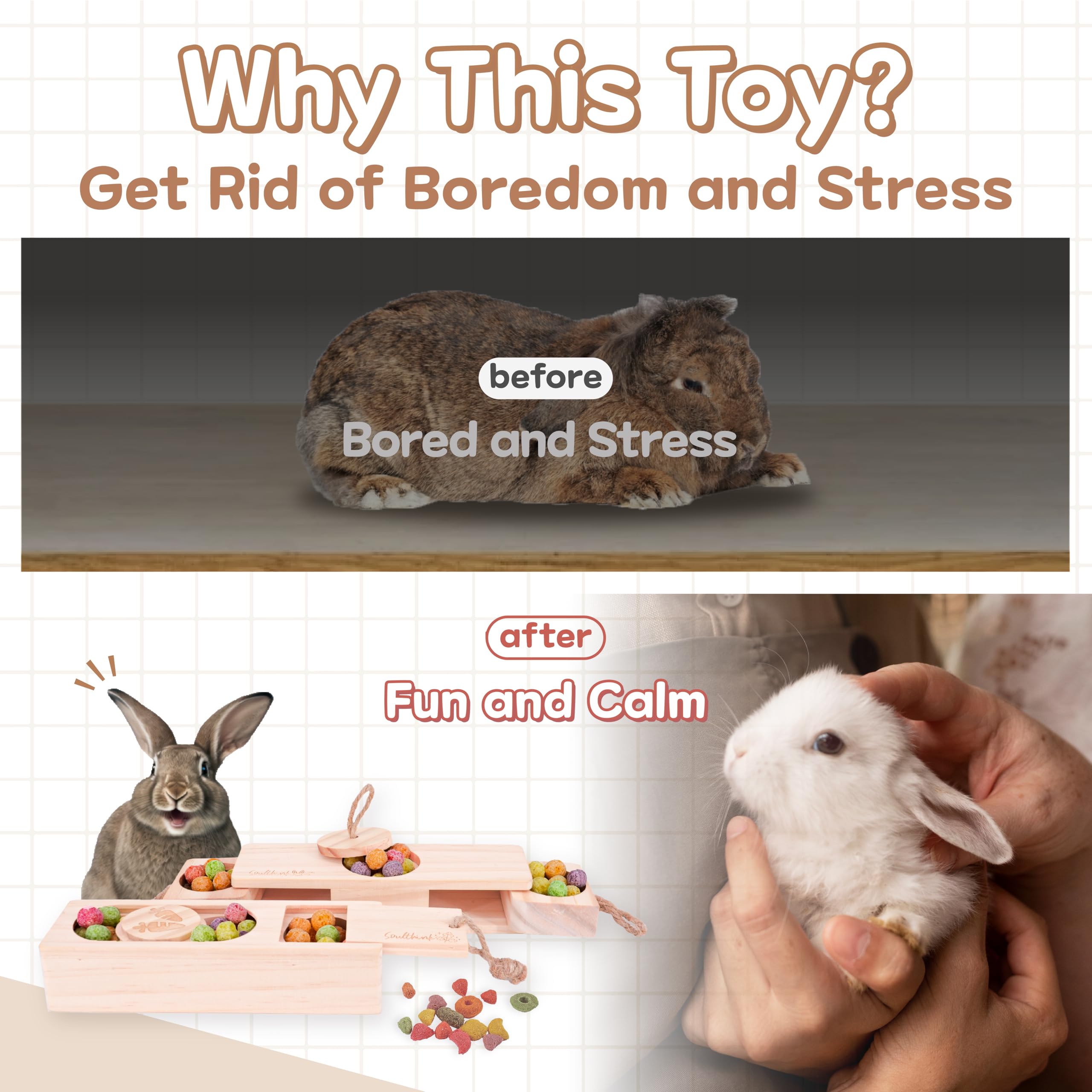 SoulThink wooden rabbit chew toy dental wear supports gentle teeth trimming and healthy chewing.