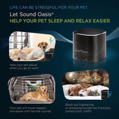 Sound Oasis 20-sounds matrix highlights built-in calming options for pets.