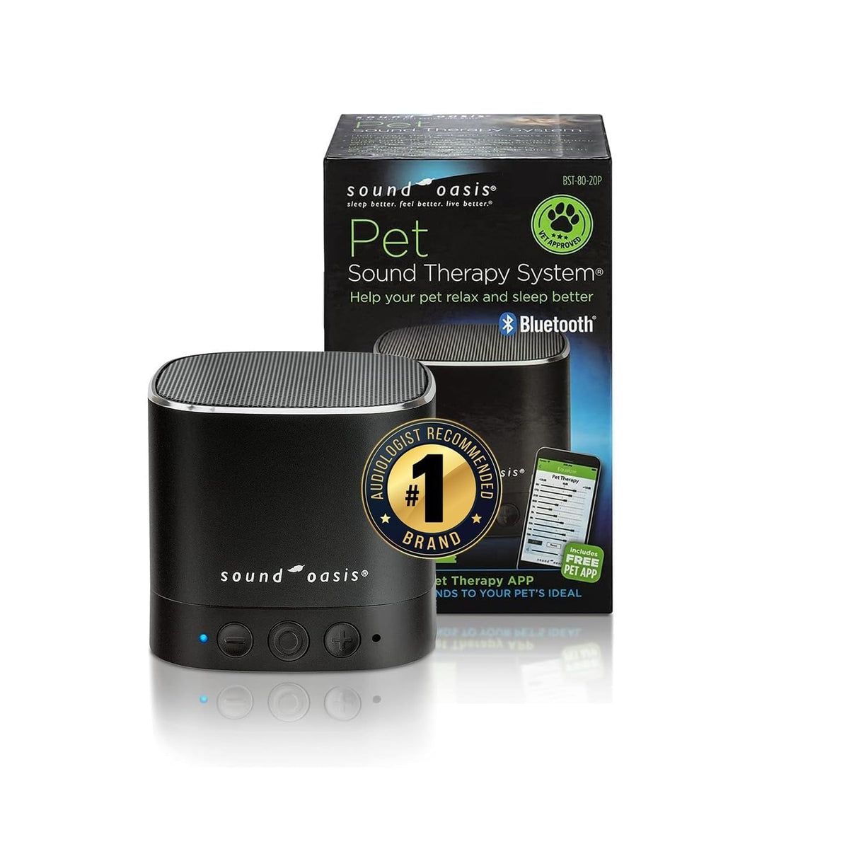 Sound Oasis pet bluetooth sound machine front view promotes calm bedtime for pets.