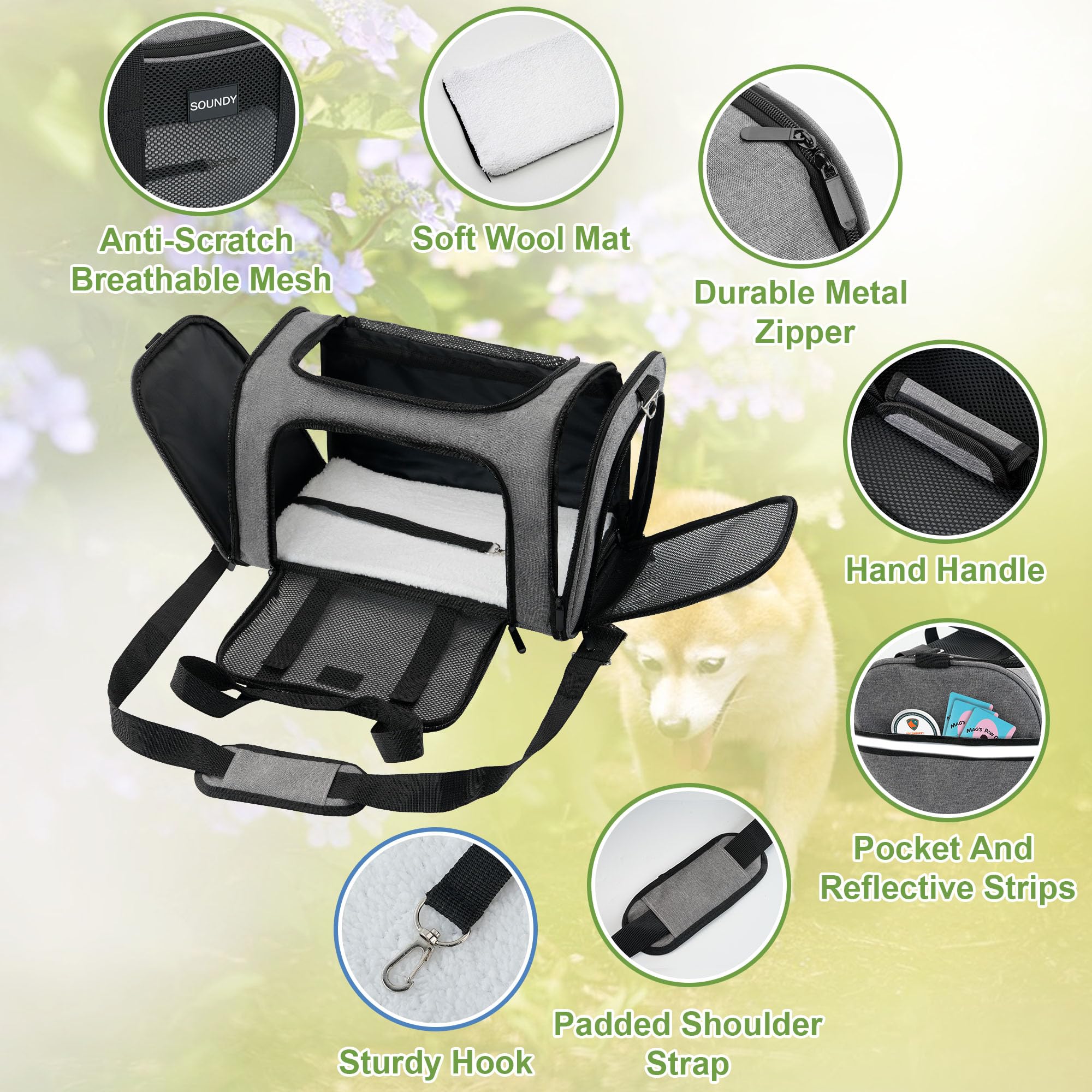 Soundy carrier interior with plush fleece pad for pet comfort.