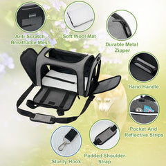 Soundy carrier interior with plush fleece pad for pet comfort.