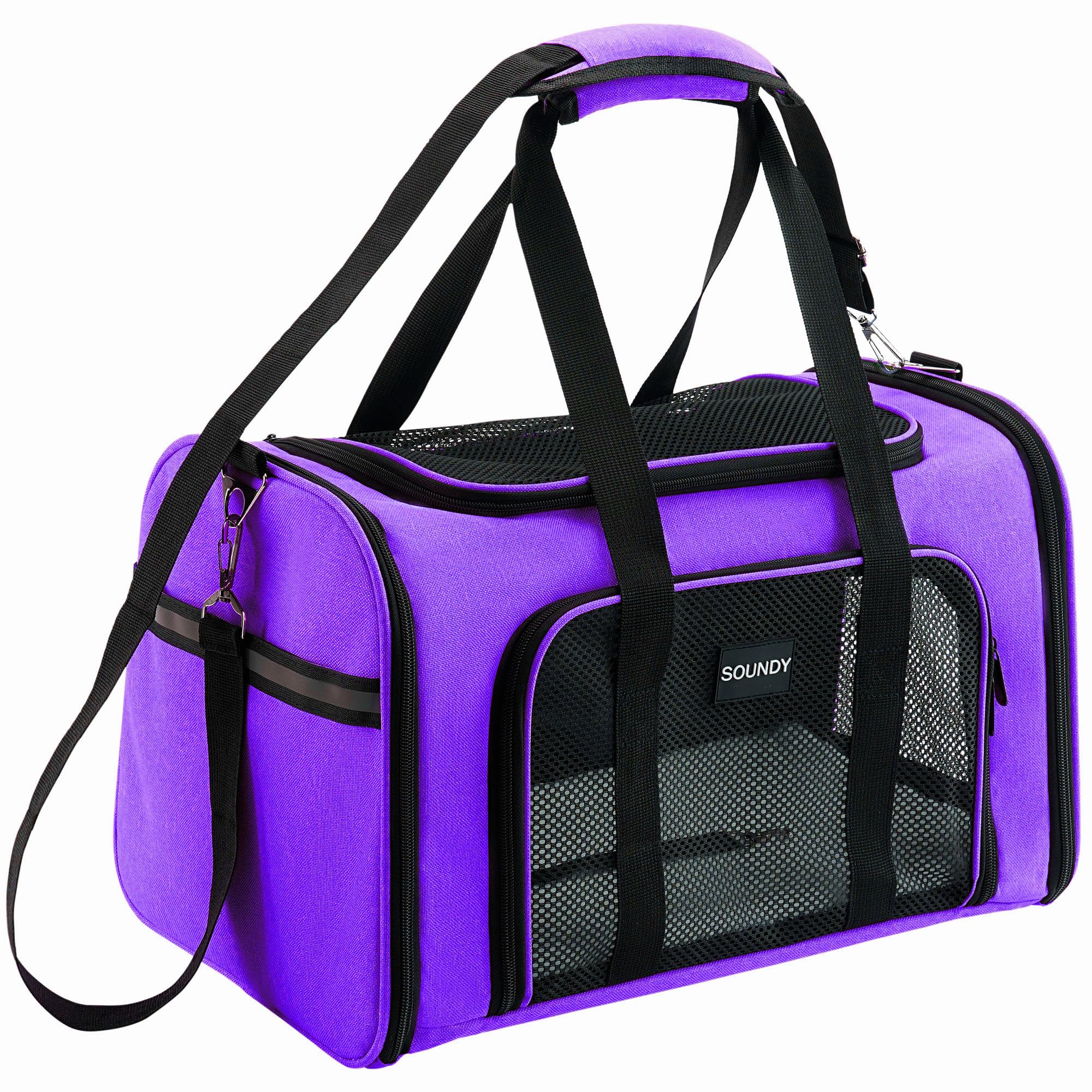 Soundy dog carrier medium purple front view shows airline-ready portability for small pets.