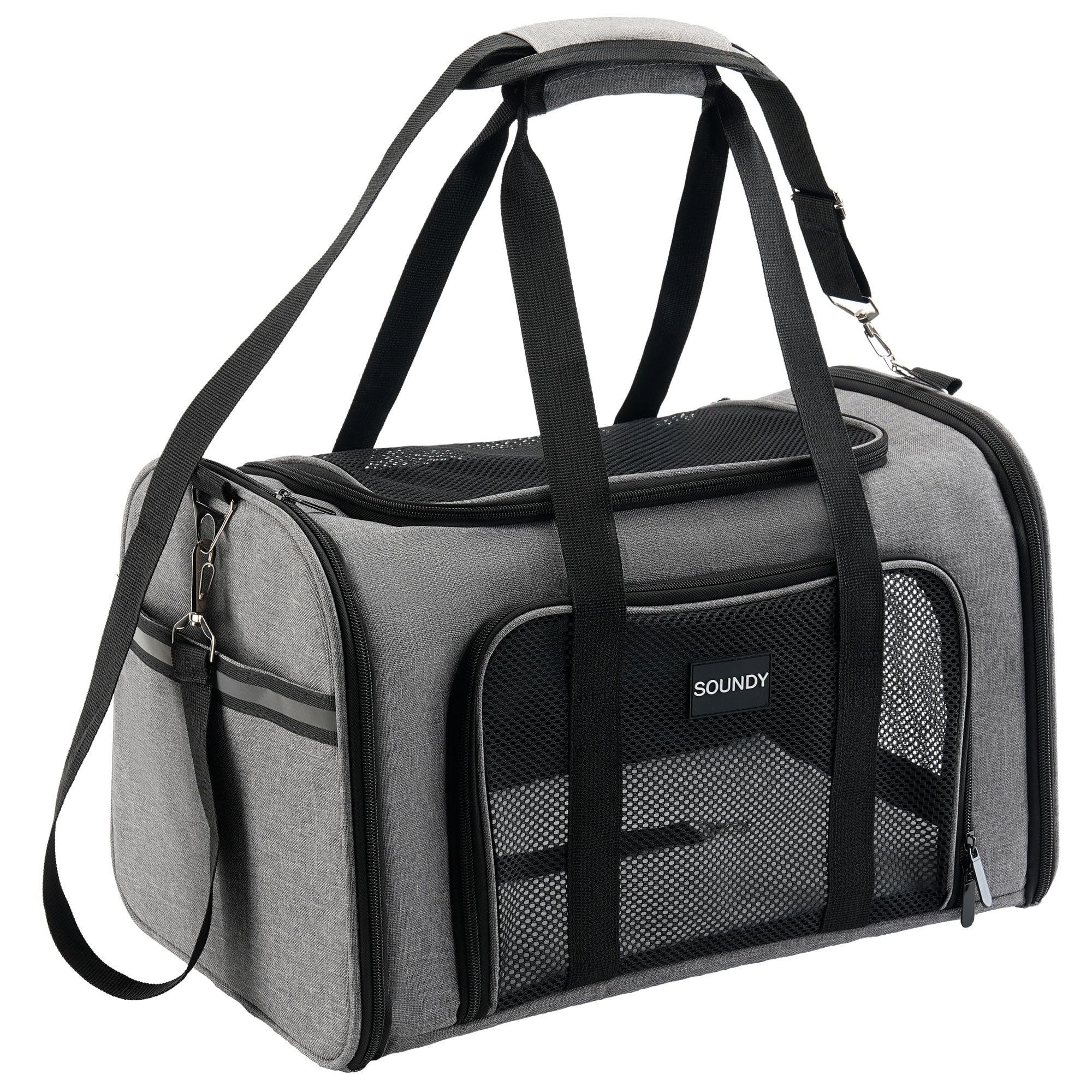 Soundy dog carrier under-seat profile for airline travel and easy access.