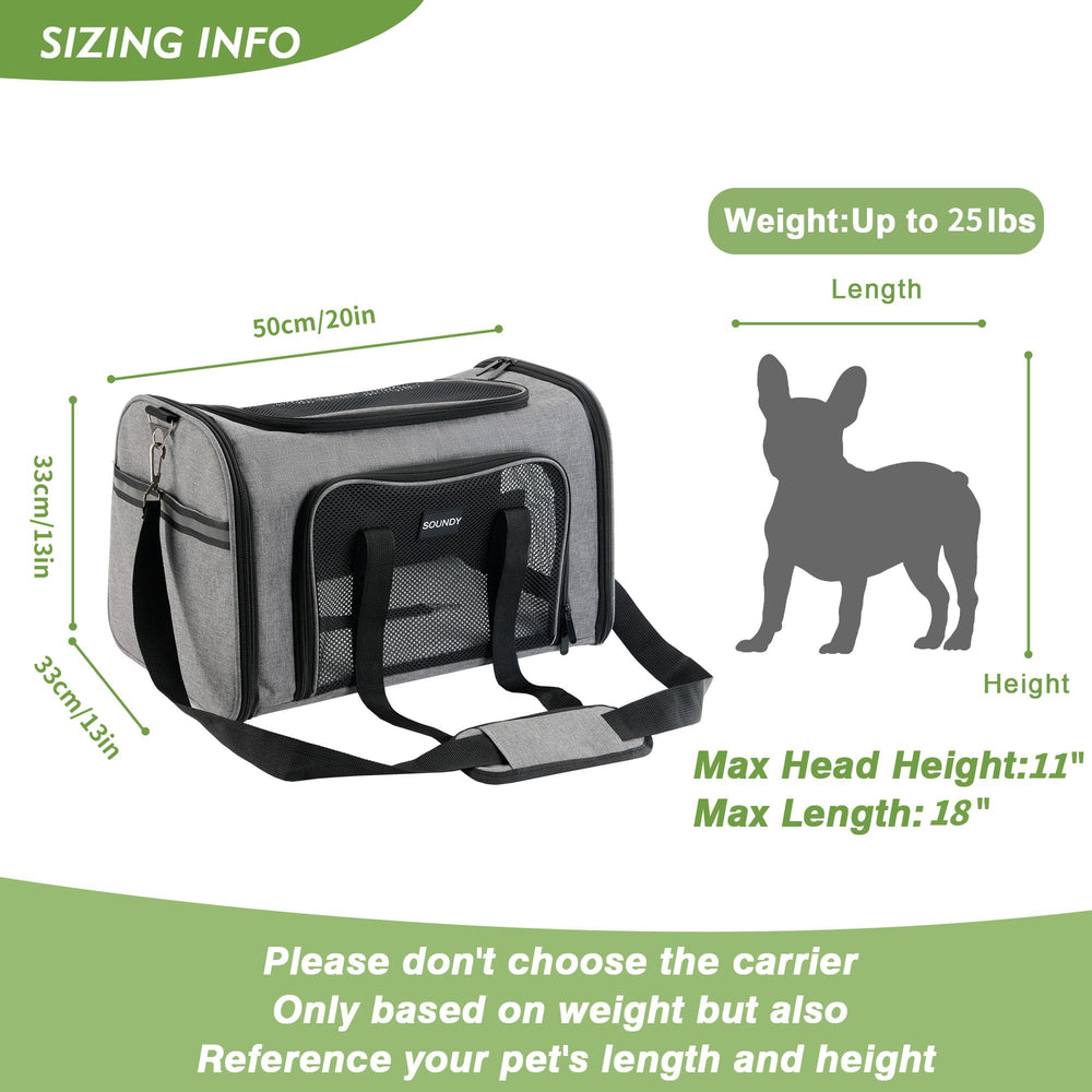 Soundy large cat carrier shoulder strap enables hands-free transport.