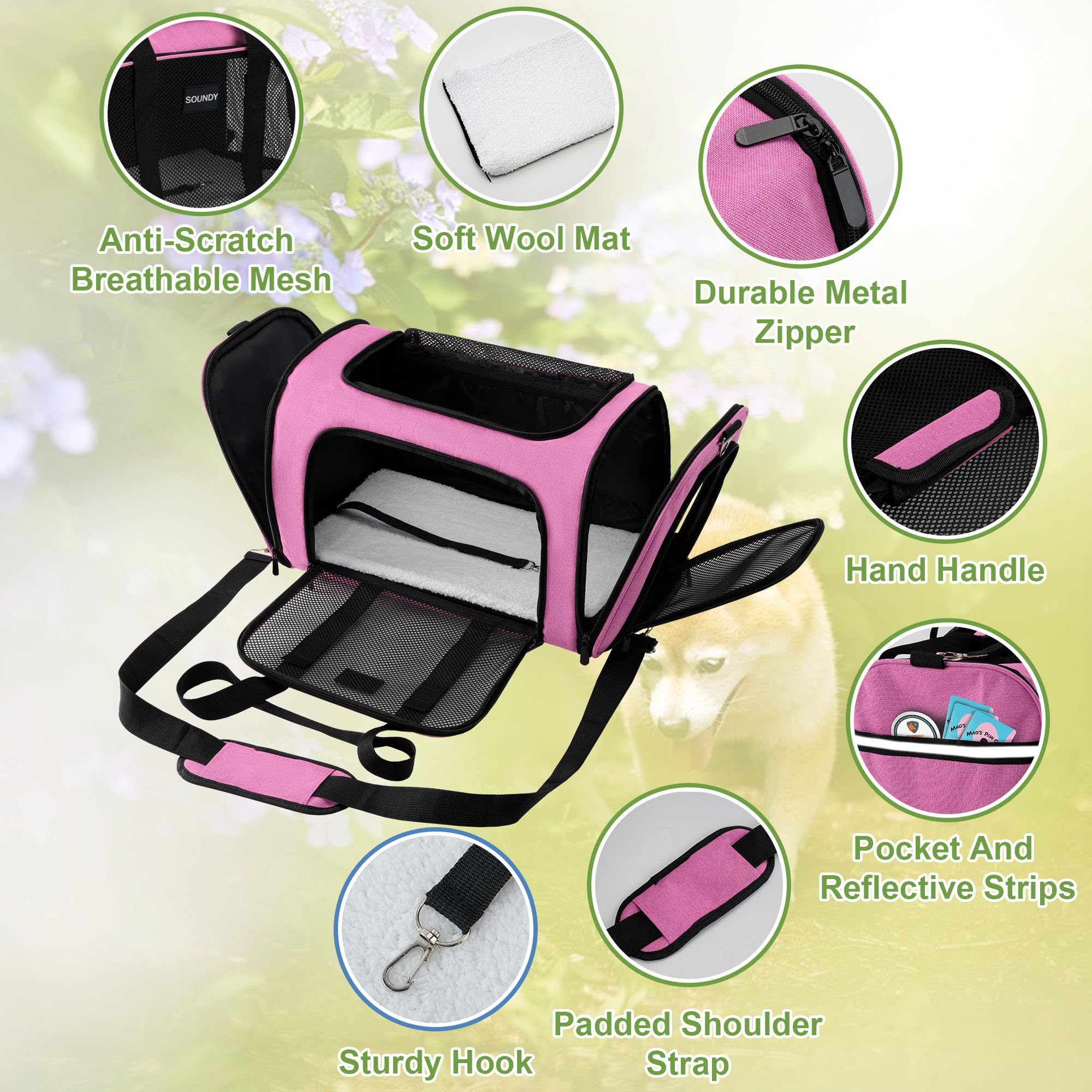 Soundy Large Pink Cat Carrier reinforced base with plush wool pad
