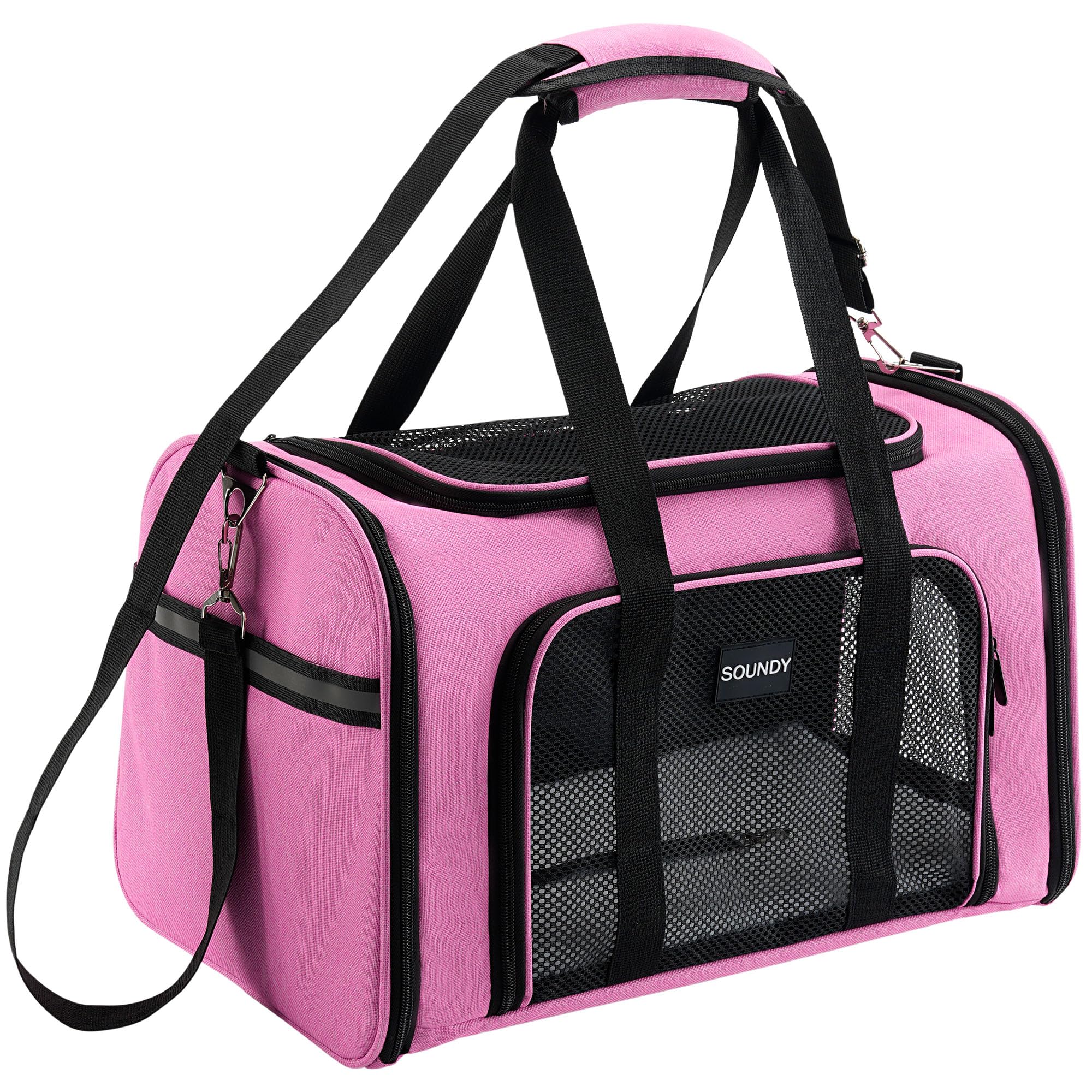 Soundy Large Pink Cat Carrier closed view shows sturdy frame and soft texture