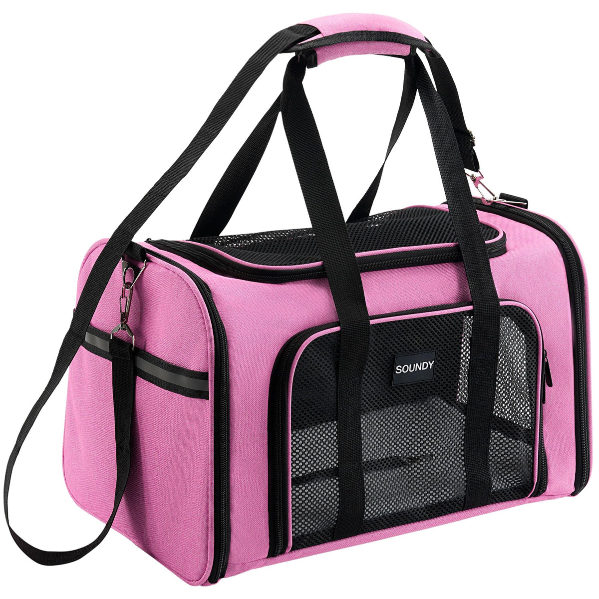 Soundy Large Pink Cat Carrier closed view shows sturdy frame and soft texture