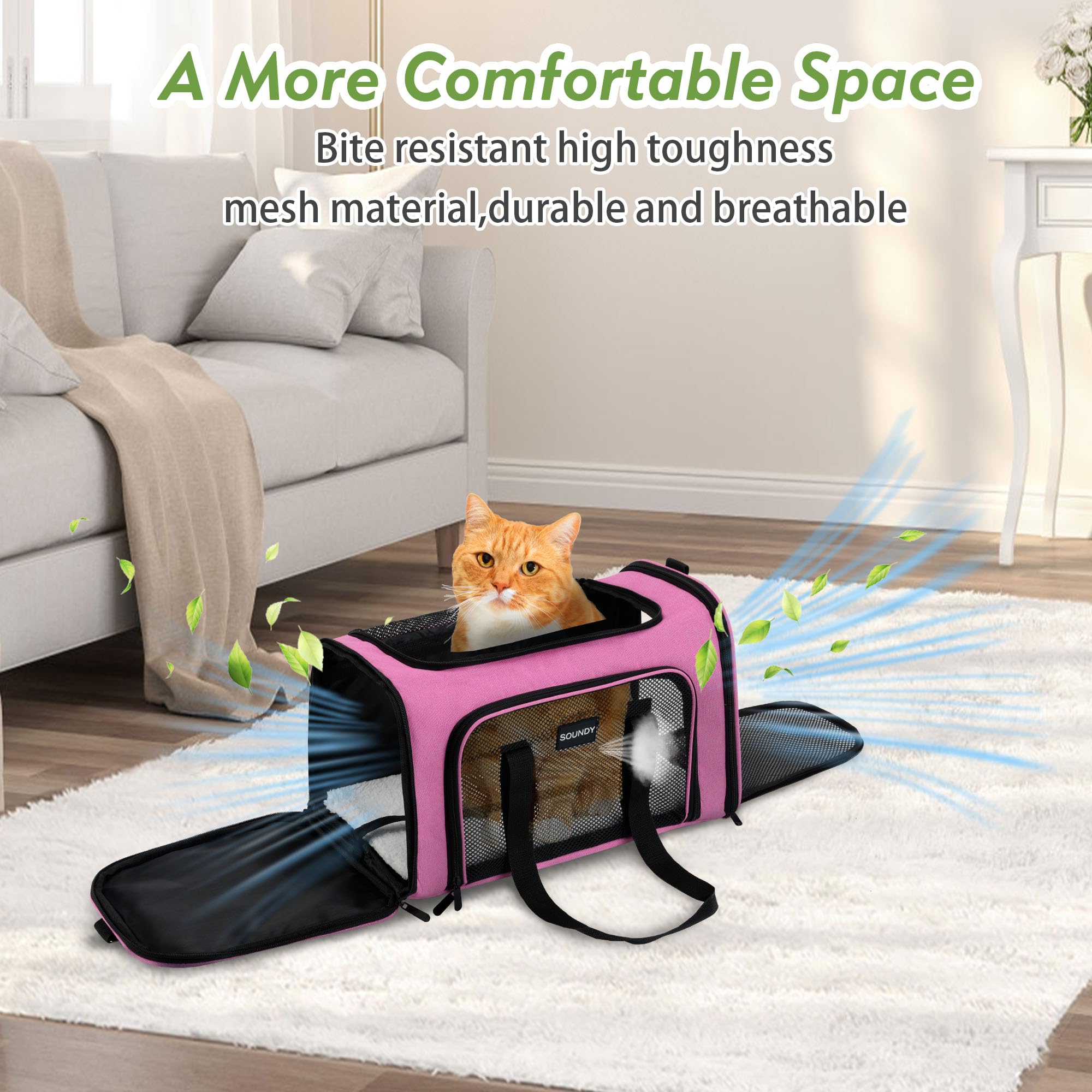 Soundy Large Pink Cat Carrier interior view with breathable mesh and pad
