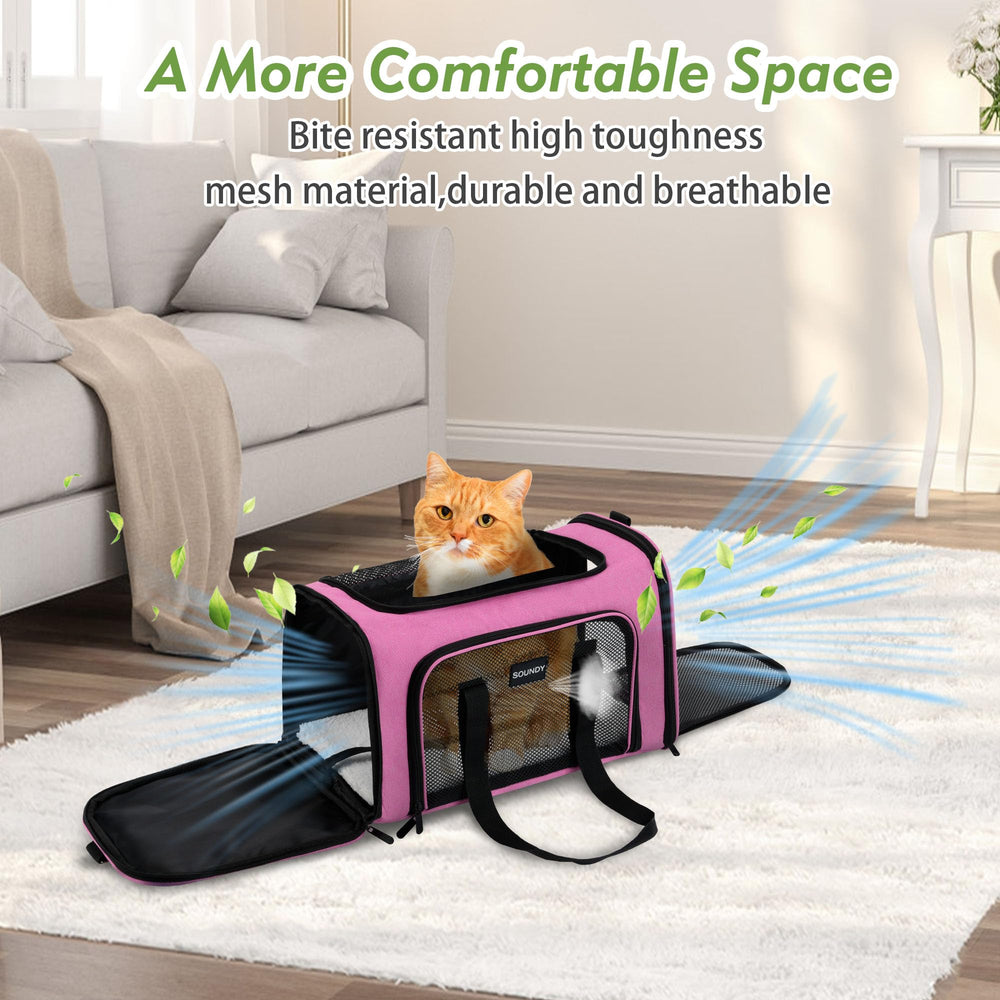 Soundy Large Pink Cat Carrier interior view with breathable mesh and pad