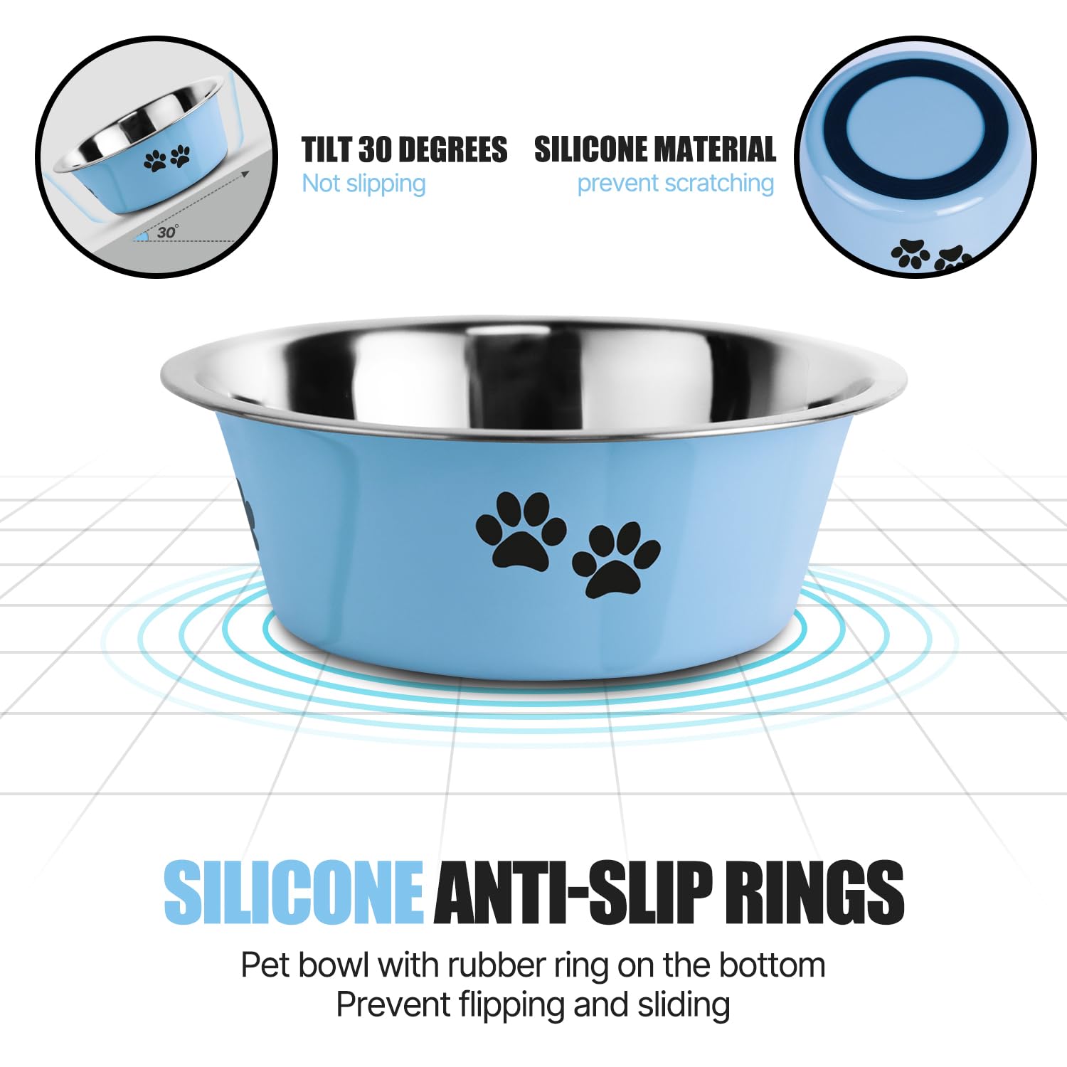 SOUXU stainless steel dog bowl blue side view shows nonslip base for quieter mealtimes.