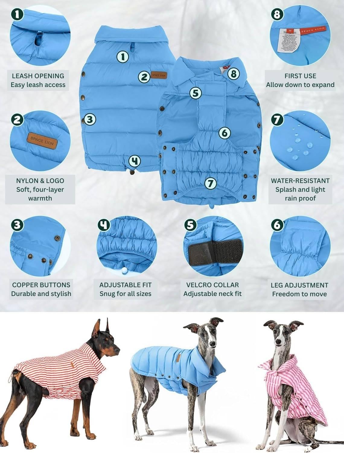SPACE LION dog puffer jacket adjustable chest closeup demonstrates 2–4 inch range.