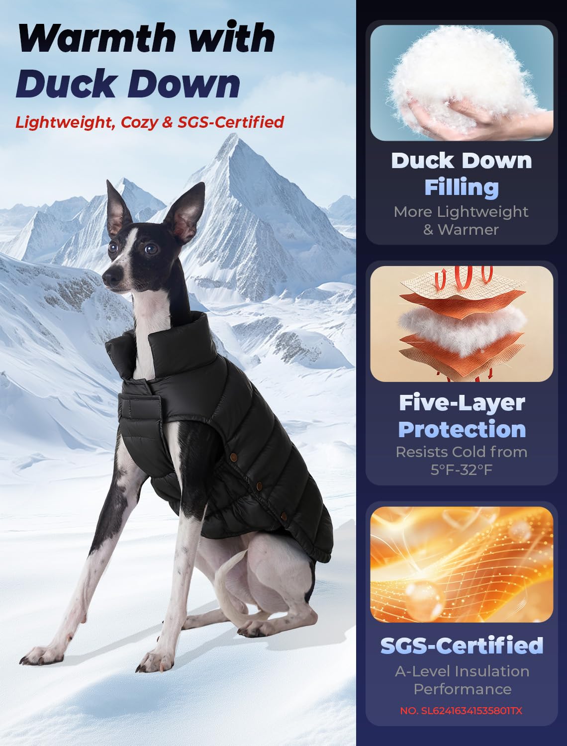 SPACE LION dog puffer jacket back view shows windproof silhouette.