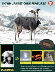 SPACE LION dog puffer jacket back view shows sleek fit and length adjustability.