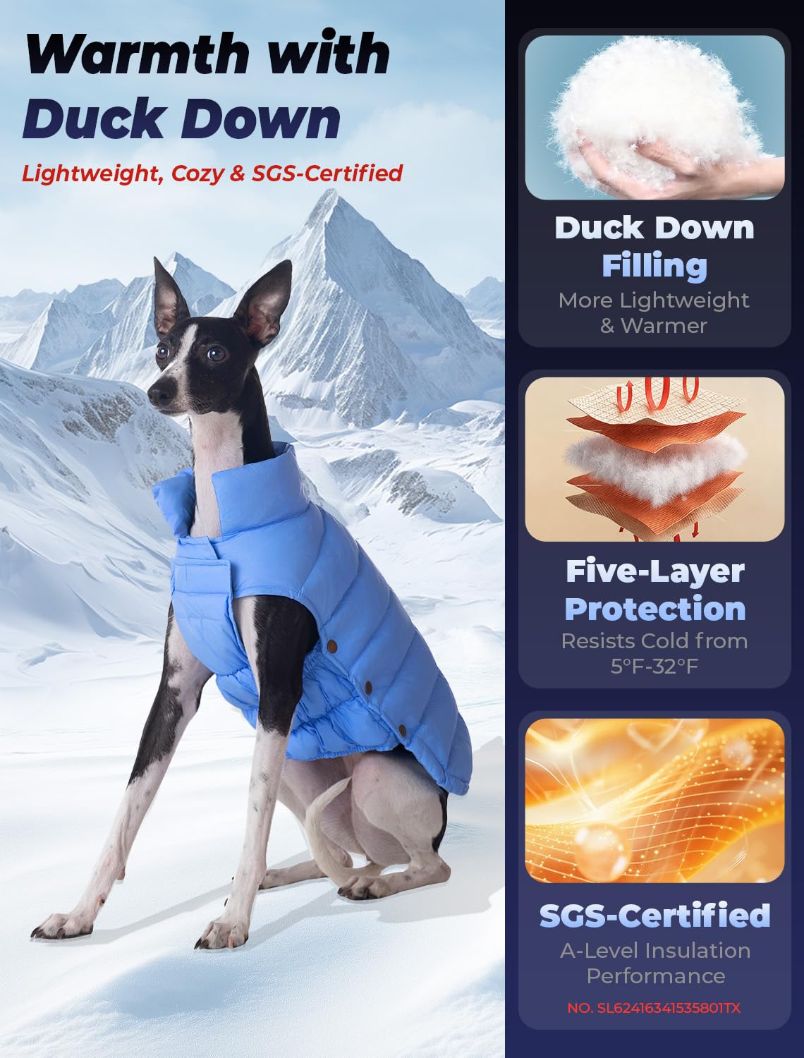 SPACE LION dog puffer jacket back view highlights even insulation and wind protection.