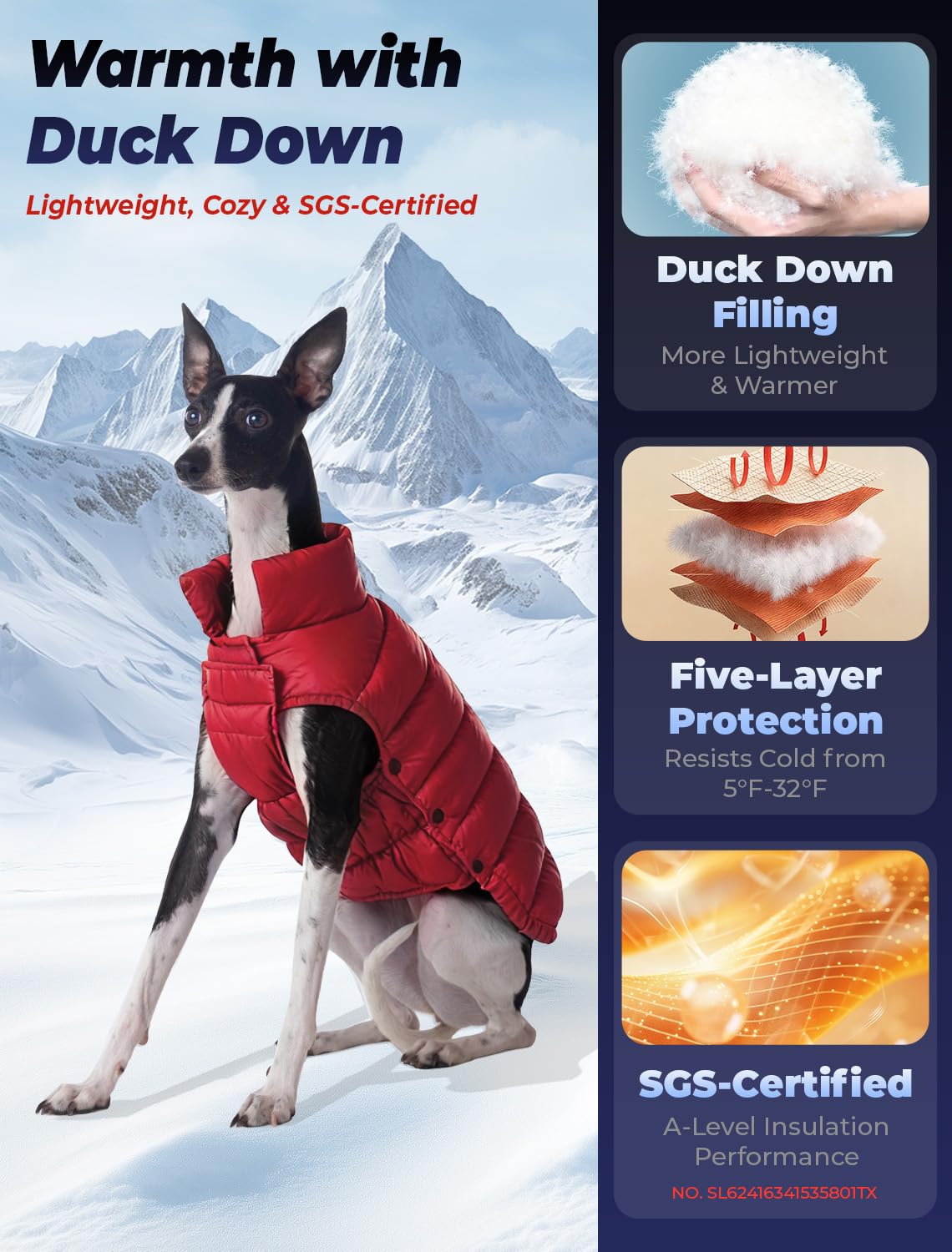 SPACE LION dog puffer jacket back view, dynamic fit for active dogs
