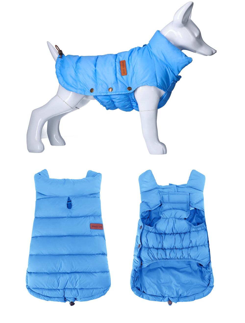 Space Lion coat care image shows tumble-dry readiness for easy loft restoration.