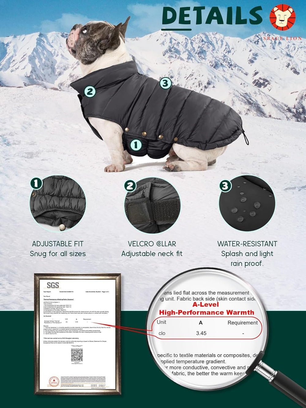 SPACE LION dog puffer jacket chest adjustment enables flexible sizing for breeds.