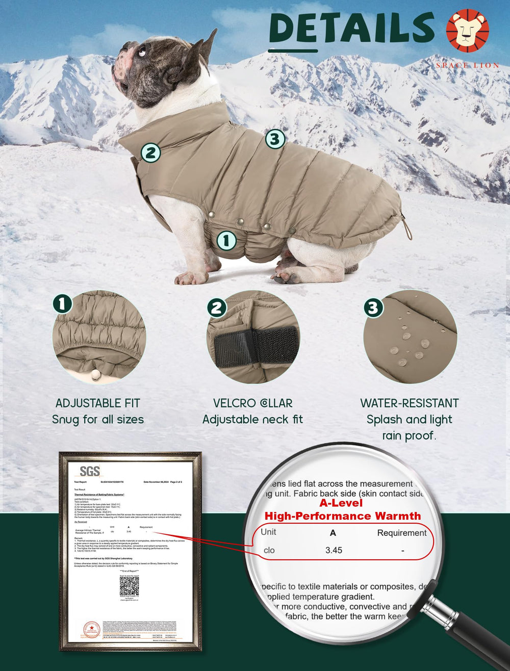 SPACE LION dog puffer jacket chest-fit view highlights adaptable sizing