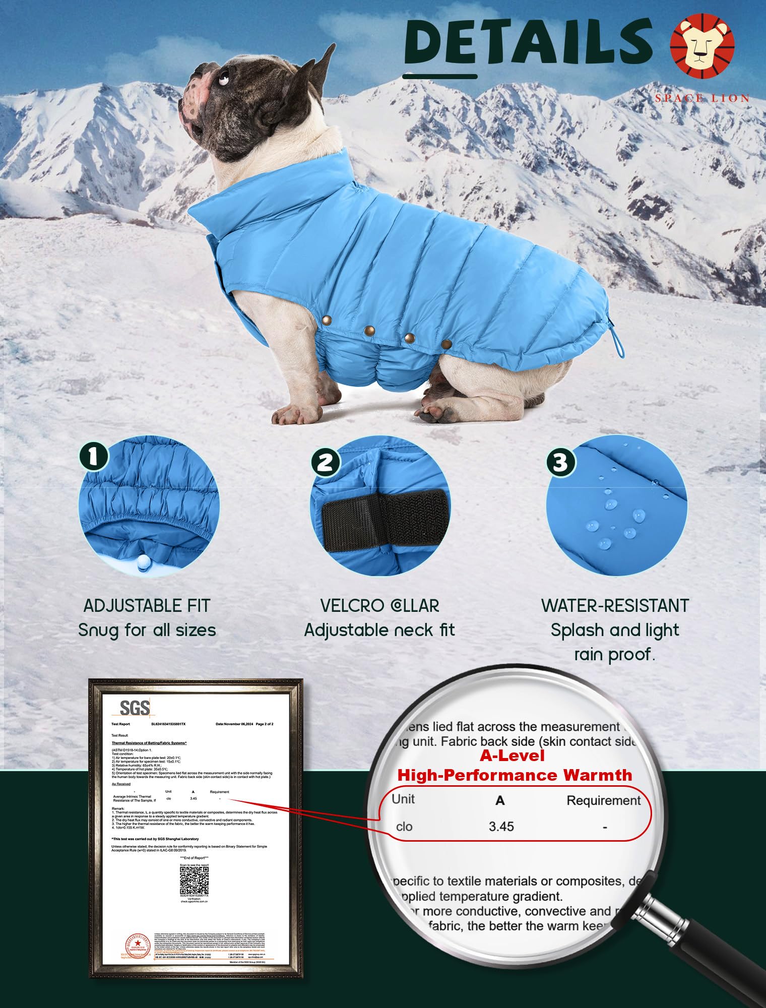 Space Lion puffer jacket chest panel close-up demonstrates flexible chest fit for broad or slender builds.