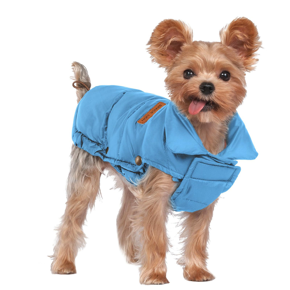 SPACE LION dog puffer jacket front view shows snug, warm fit for cold walks.