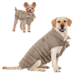 SPACE LION dog puffer jacket front view with adjustable neck and chest for secure outdoor wear