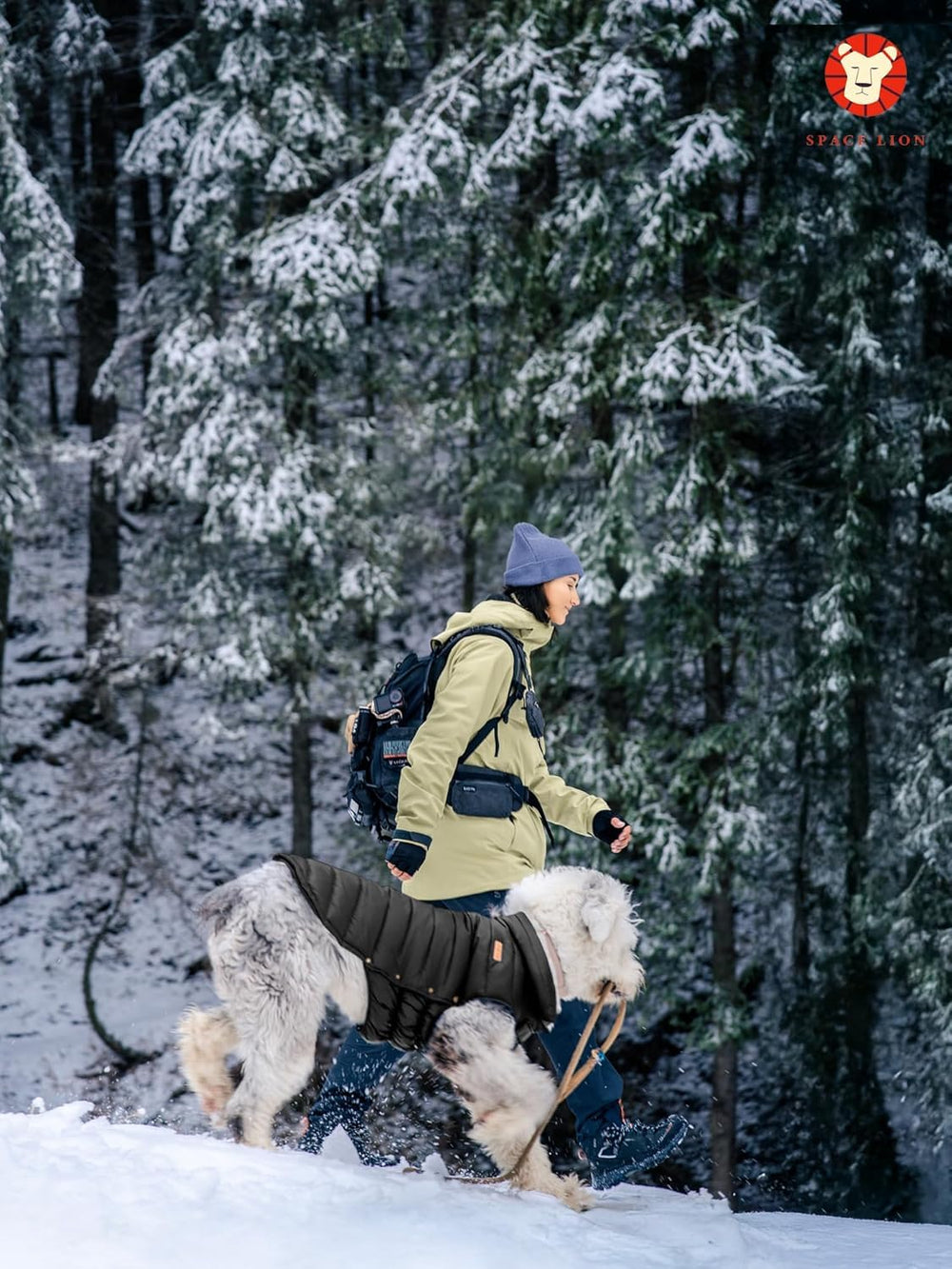 SPACE LION dog puffer jacket inside-down layer emphasizes lightweight warmth.