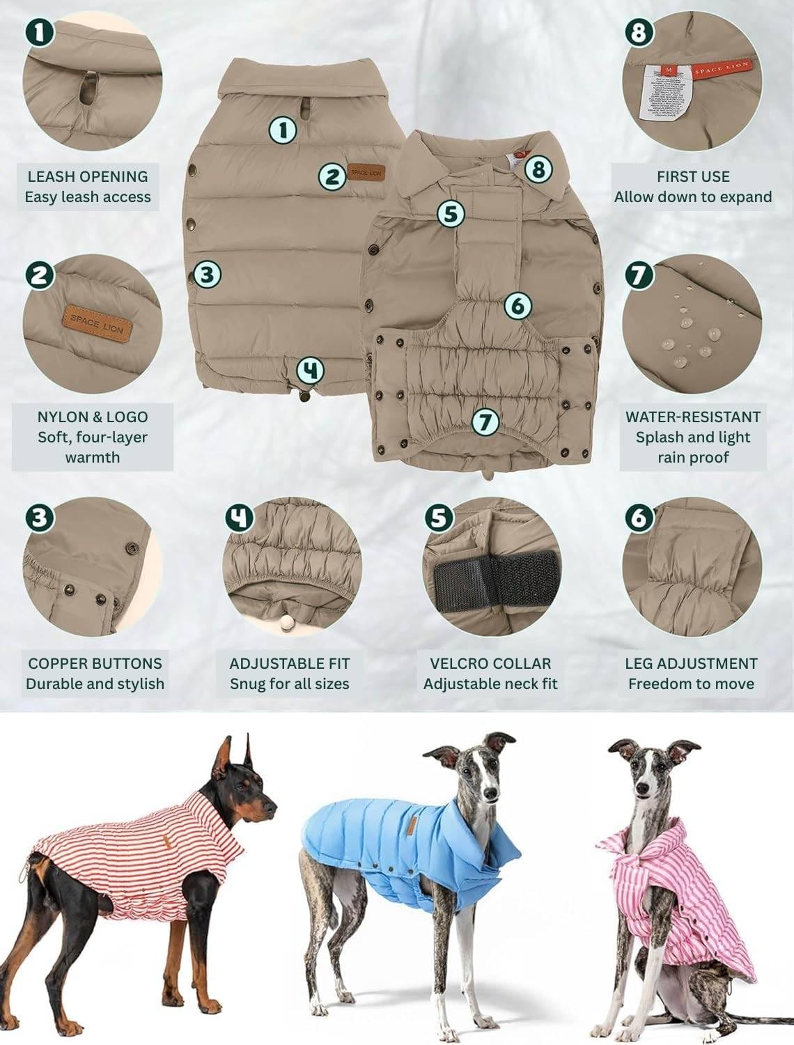Space Lion dog puffer jacket neck adjustment feature in use.