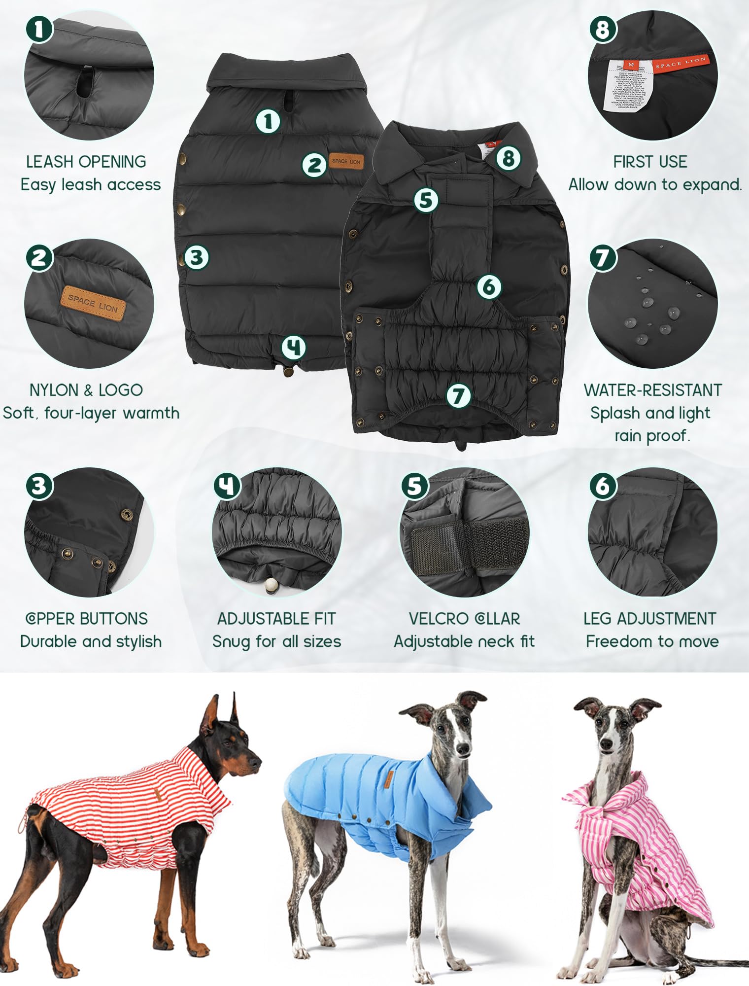 SPACE LION dog puffer jacket neck adjustment detail for secure fit.