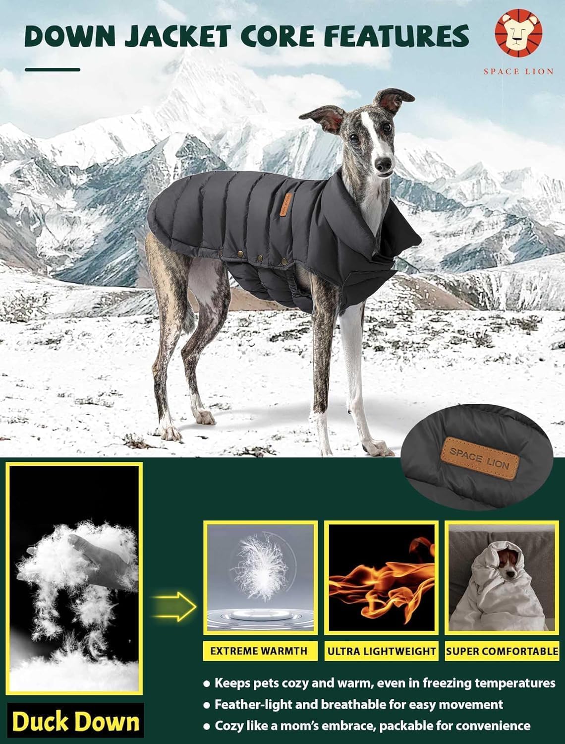 SPACE LION dog puffer jacket neck closure detail highlights secure adjustable fit.