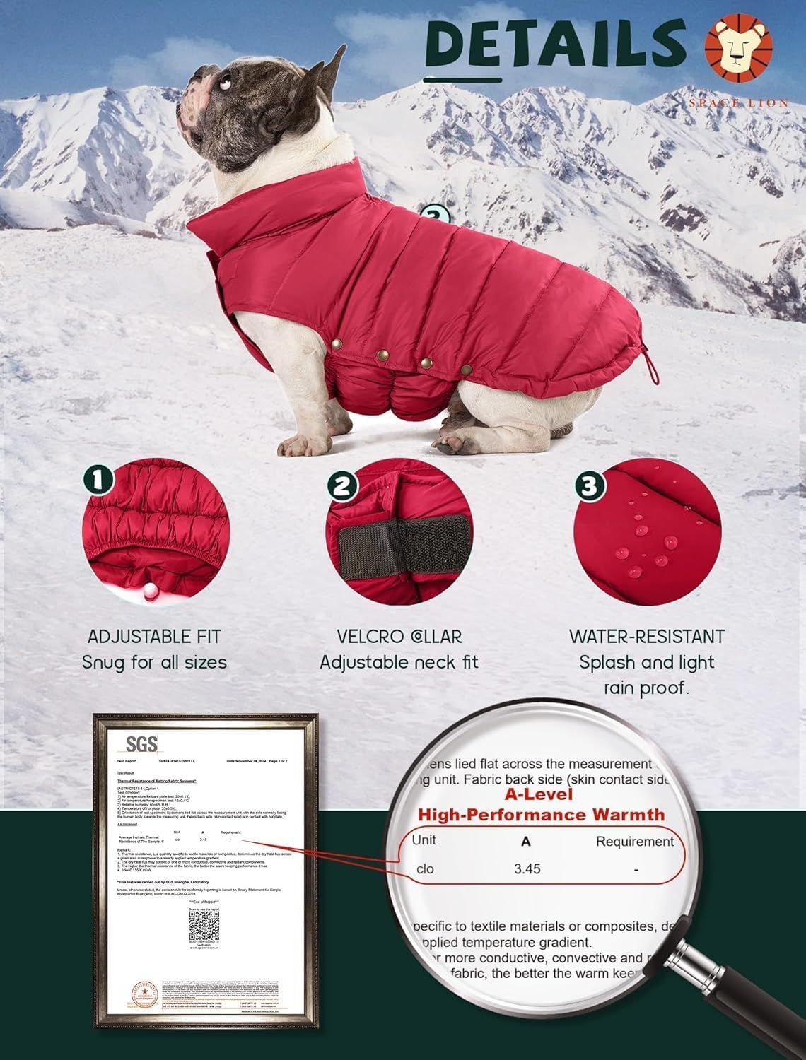 Space Lion dog puffer jacket neck collar demonstrates adjustable fit for thick or slender necks