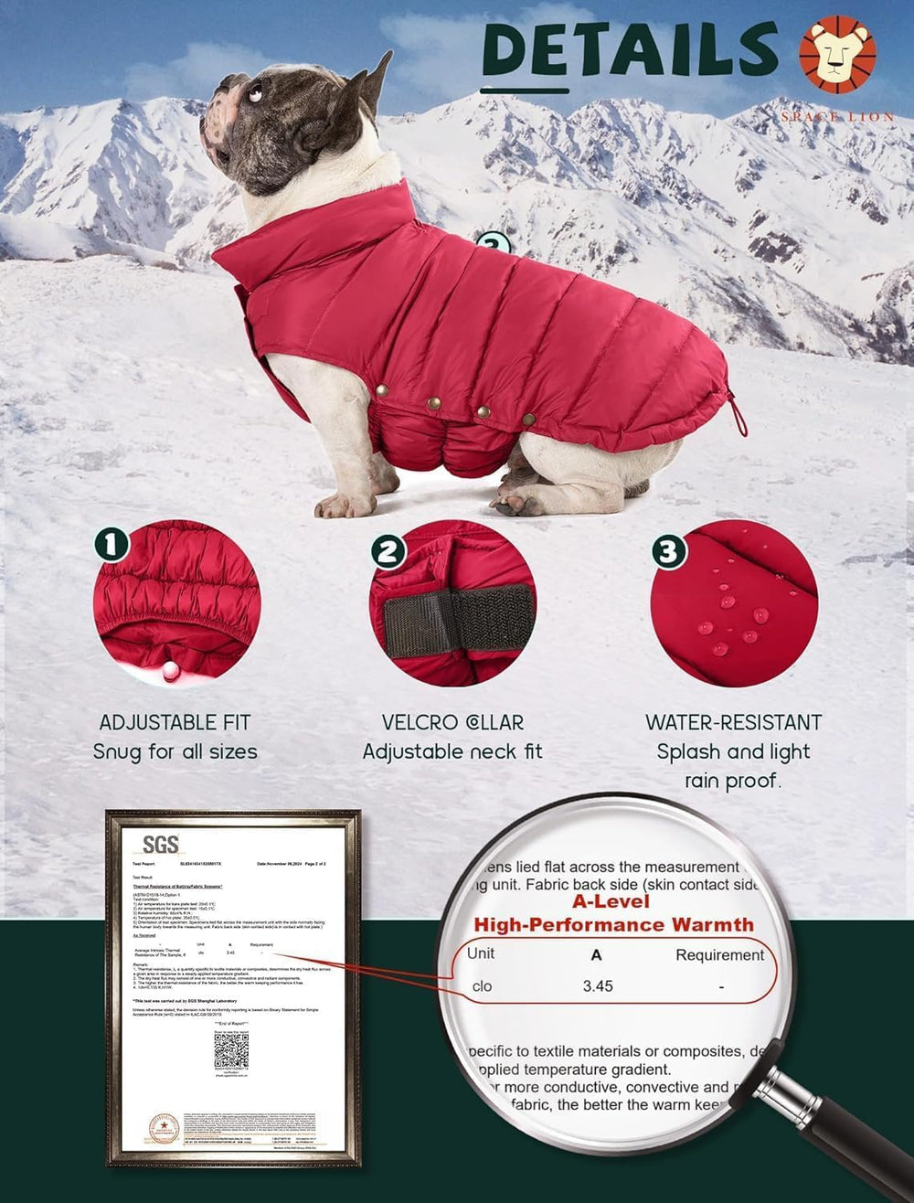 Space Lion dog puffer jacket neck collar demonstrates adjustable fit for thick or slender necks