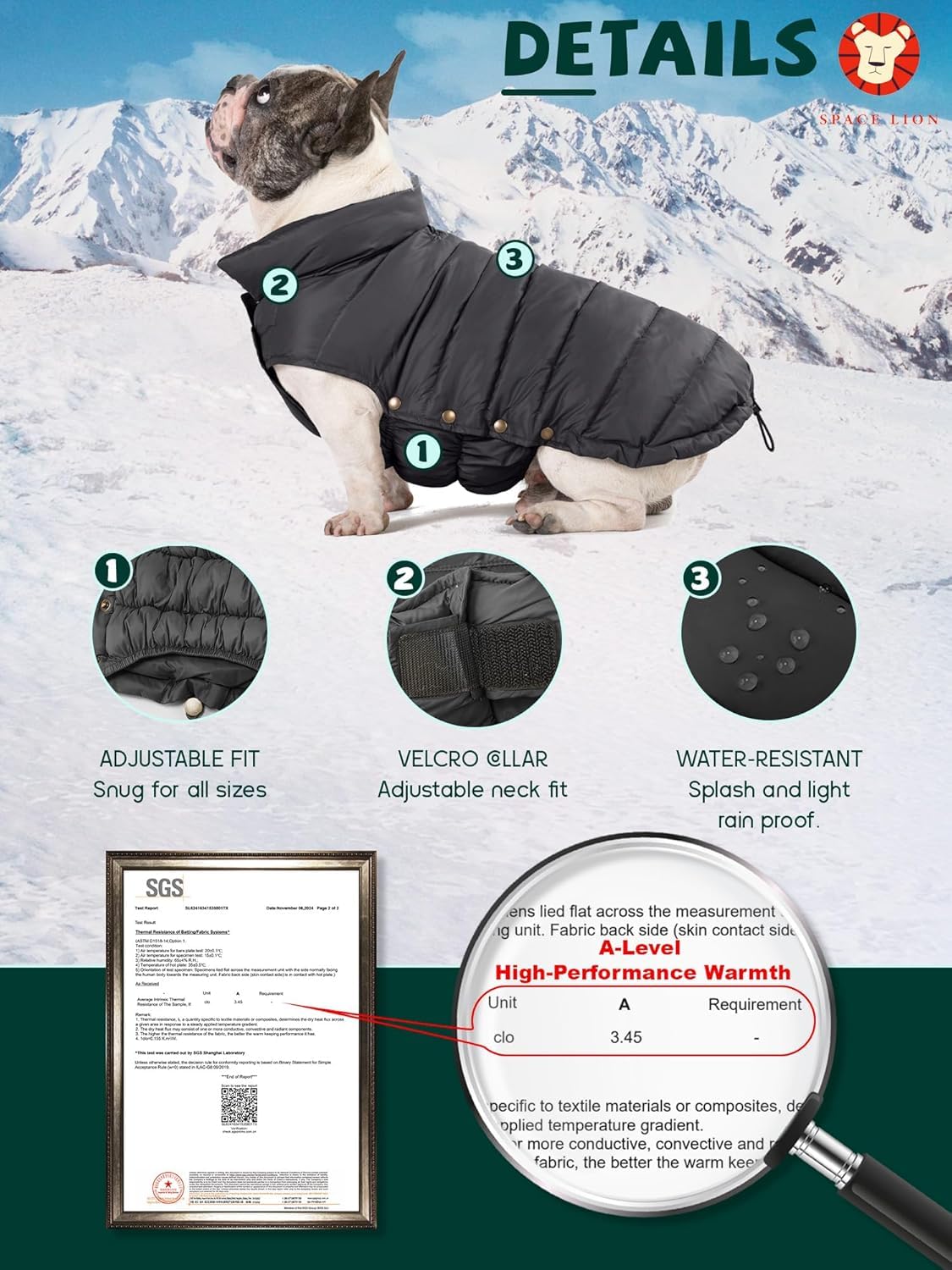 SPACE LION dog puffer jacket on dog wearing during a chilly outdoor walk.