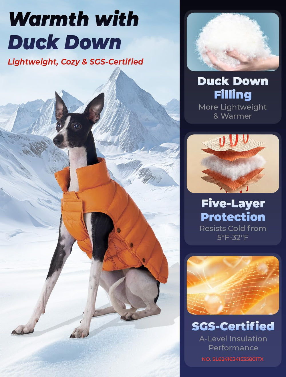 SPACE LION dog puffer jacket on small dog for winter warmth