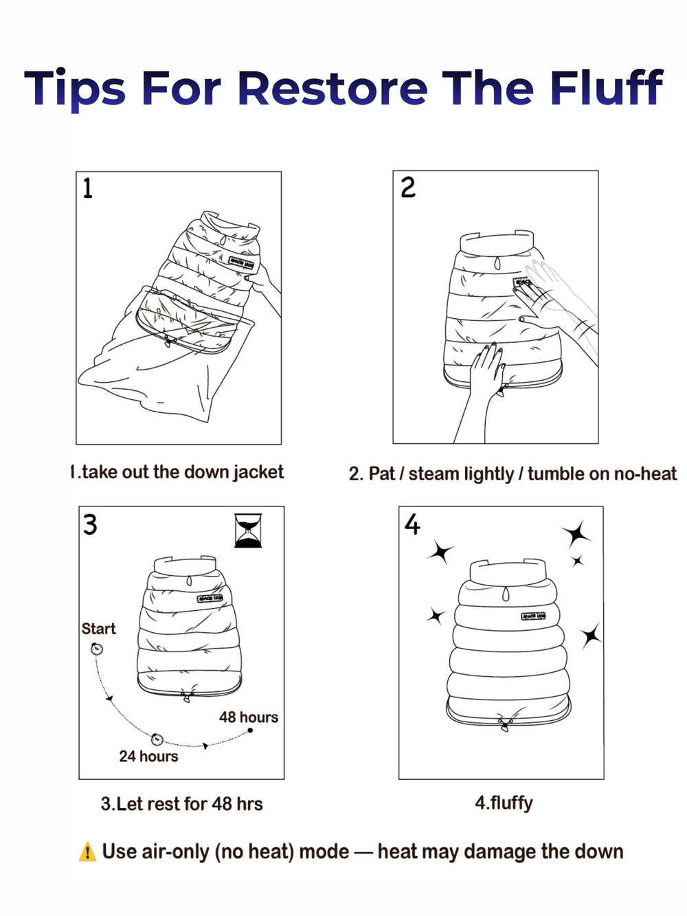 SPACE LION dog puffer jacket eco-friendly packaging returns to shape after 48-72 hours